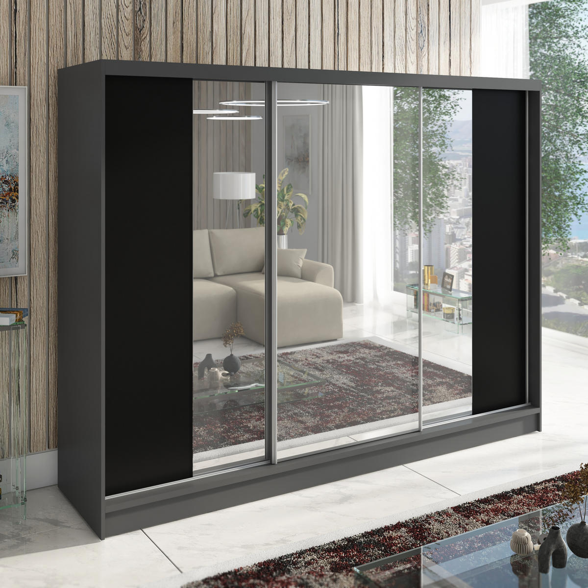 SCHWEBETÜRENSCHRANK 200 CM VIDA Farbe: Graphit, Schwarz - Graphitfarben/Schwarz, Holzwerkstoff (200/215/60cm) - A&J MöbelLand