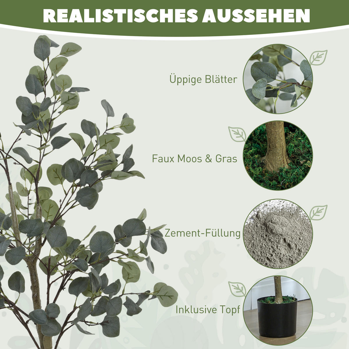 KÜNSTLICHER Eucalyptus Baum groß 150 cm - Grün, Kunststoff (150cm) - HOMCOM