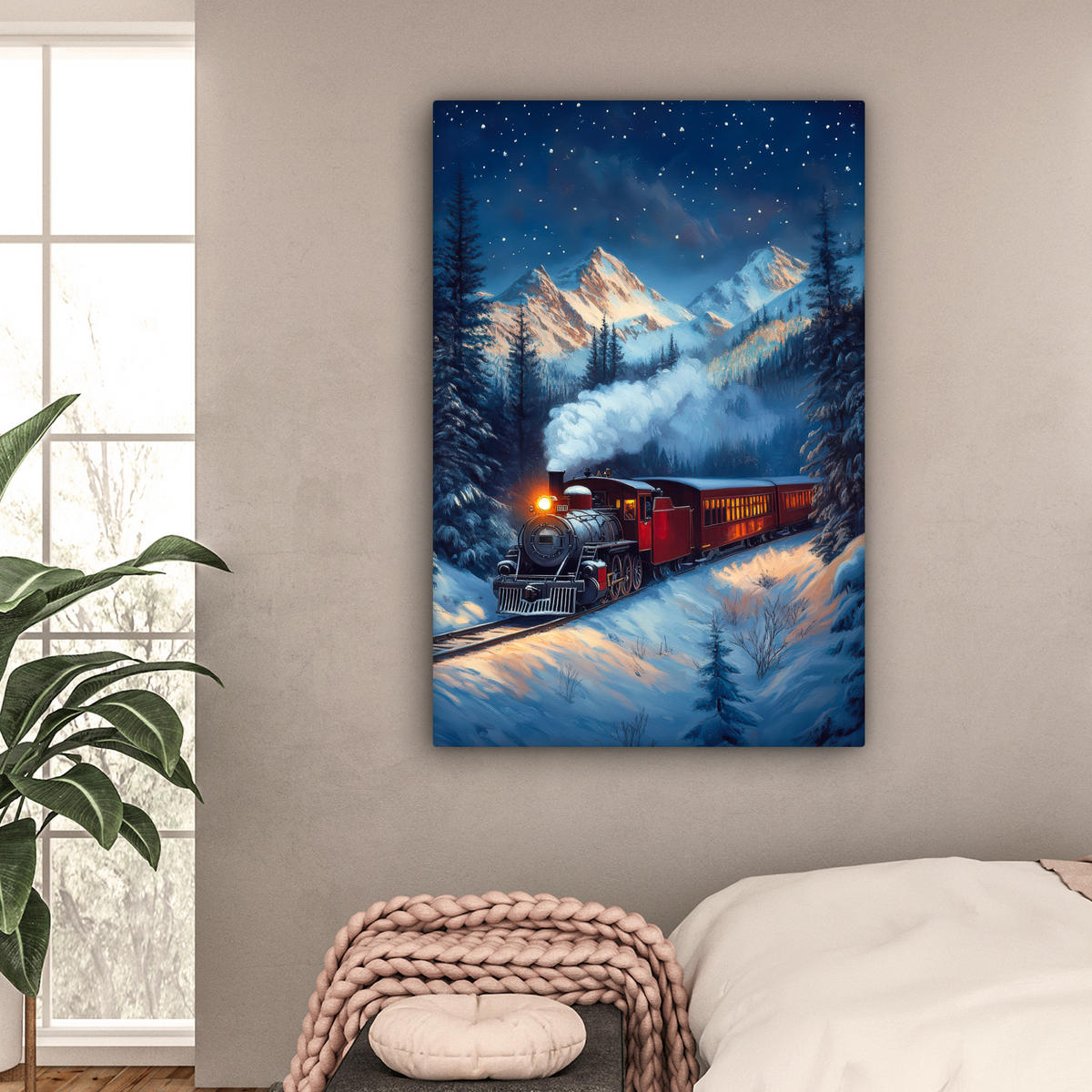 LEINWANDBILD Zug - Weihnachten - Schnee - Weihnachtszug 80x120 cm - Anthrazit, Textil (80/120cm) - MuchoWow