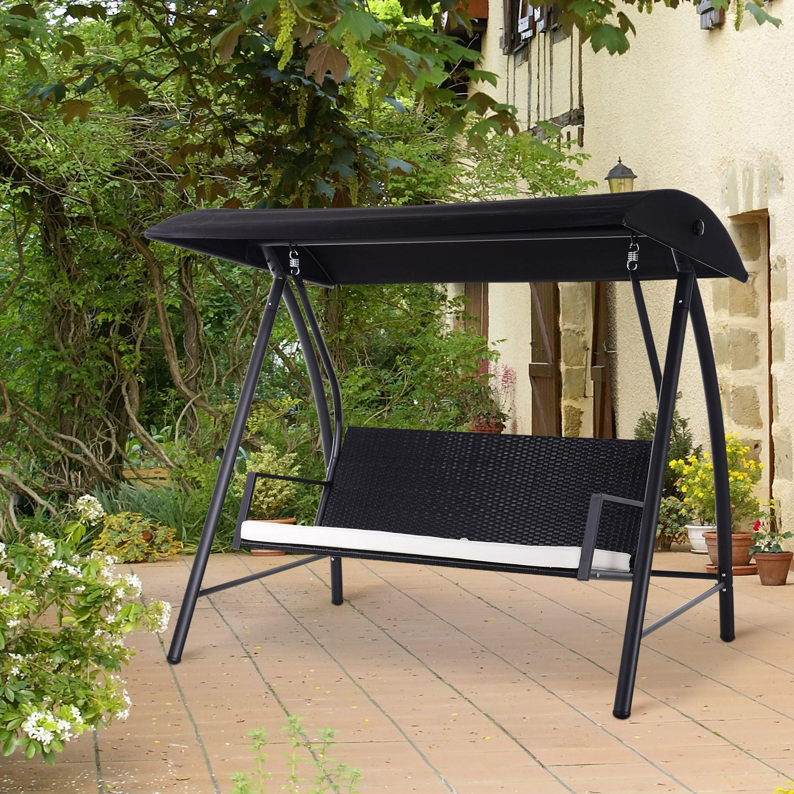 HOLLYWOODSCHAUKEL, mit Dach, Polyrattan+Metall, Schwarz, 198 x 124 x 179 cm - Schwarz, Metall (124/179/198cm) - Outsunny