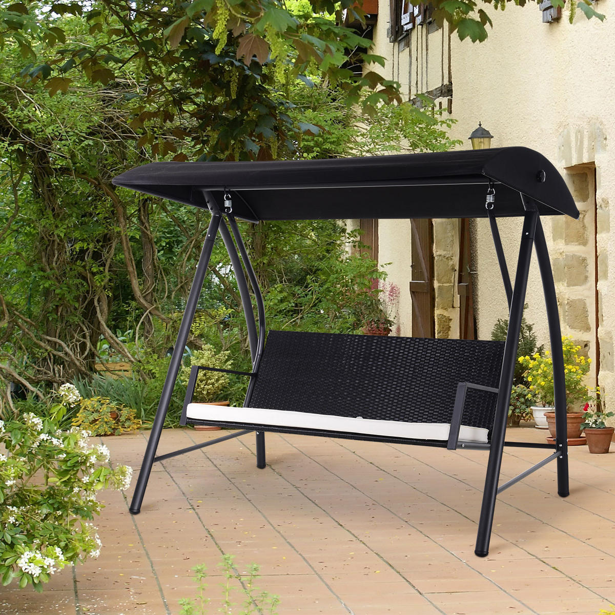 HOLLYWOODSCHAUKEL, mit Dach, Polyrattan+Metall, Schwarz, 198 x 124 x 179 cm - Schwarz, Metall (124/179/198cm) - Outsunny