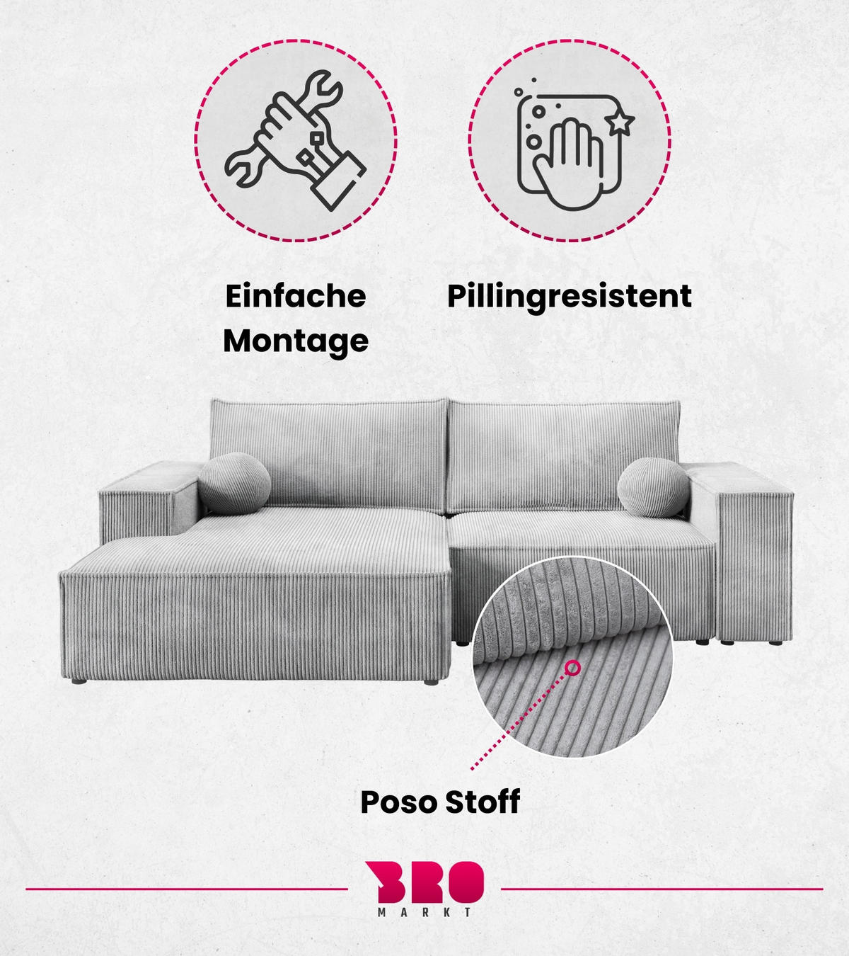 ECKSOFA Pablo Mini mit Schlaffunktion Hellgrau Cord - Hellgrau, Textil (255/148cm) - Bromarkt