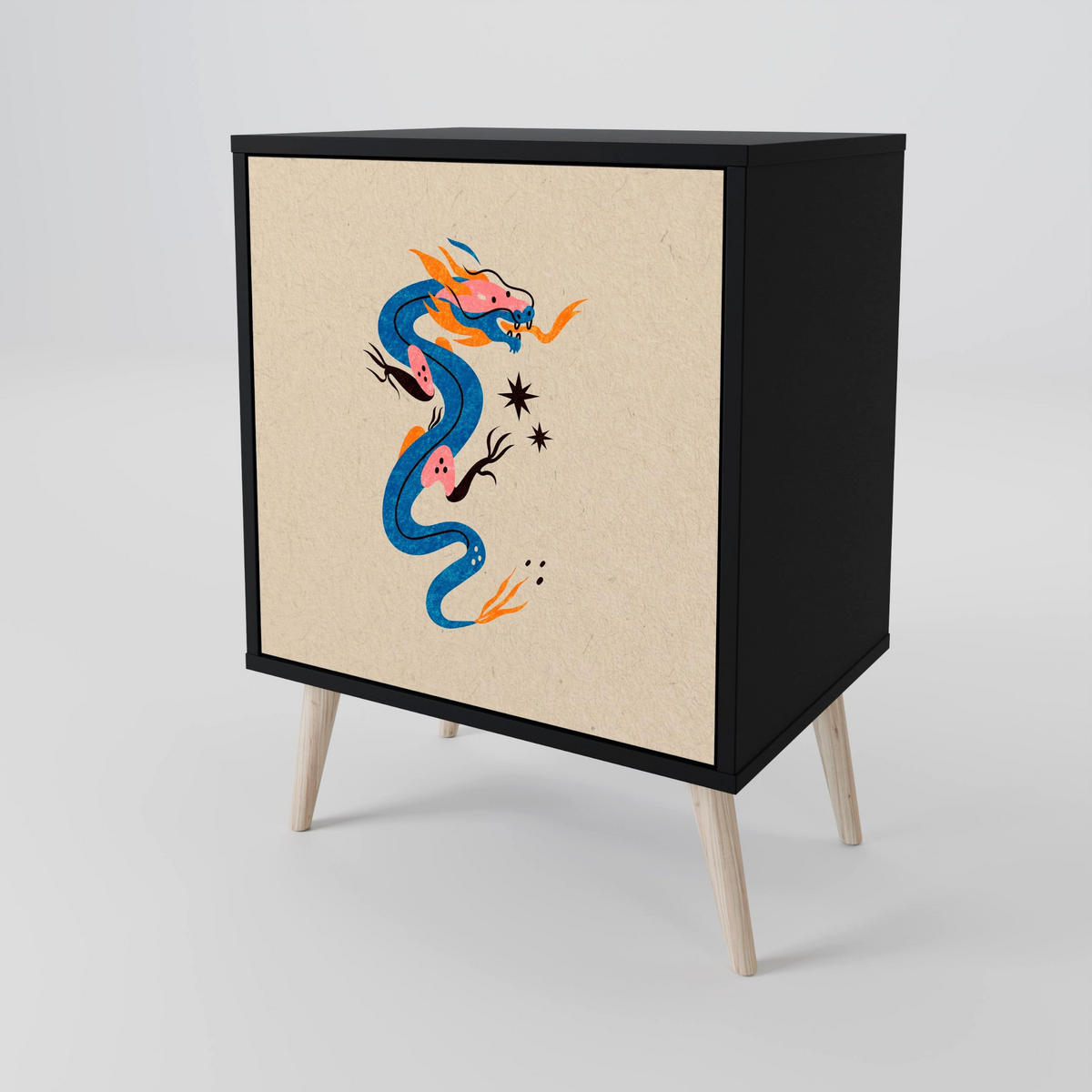 SIDEBOARD MYTHOLOGICAL CREATURES, Schwarz, 57,5x42x70,5 cm, Schwarze Metall-Sternfüße - Multicolor/Schwarz, Holzwerkstoff/Metall (57.5/70.5/42cm) - SpaceRebels