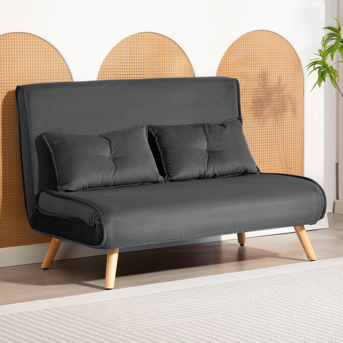 SCHLAFSOFA 3 in 1, 120 x 190 cm Schlaffunktion, Lendenkissen - Dunkelgrau/Naturfarben, Holz/Textil (75/87/120cm) - HOMCOM