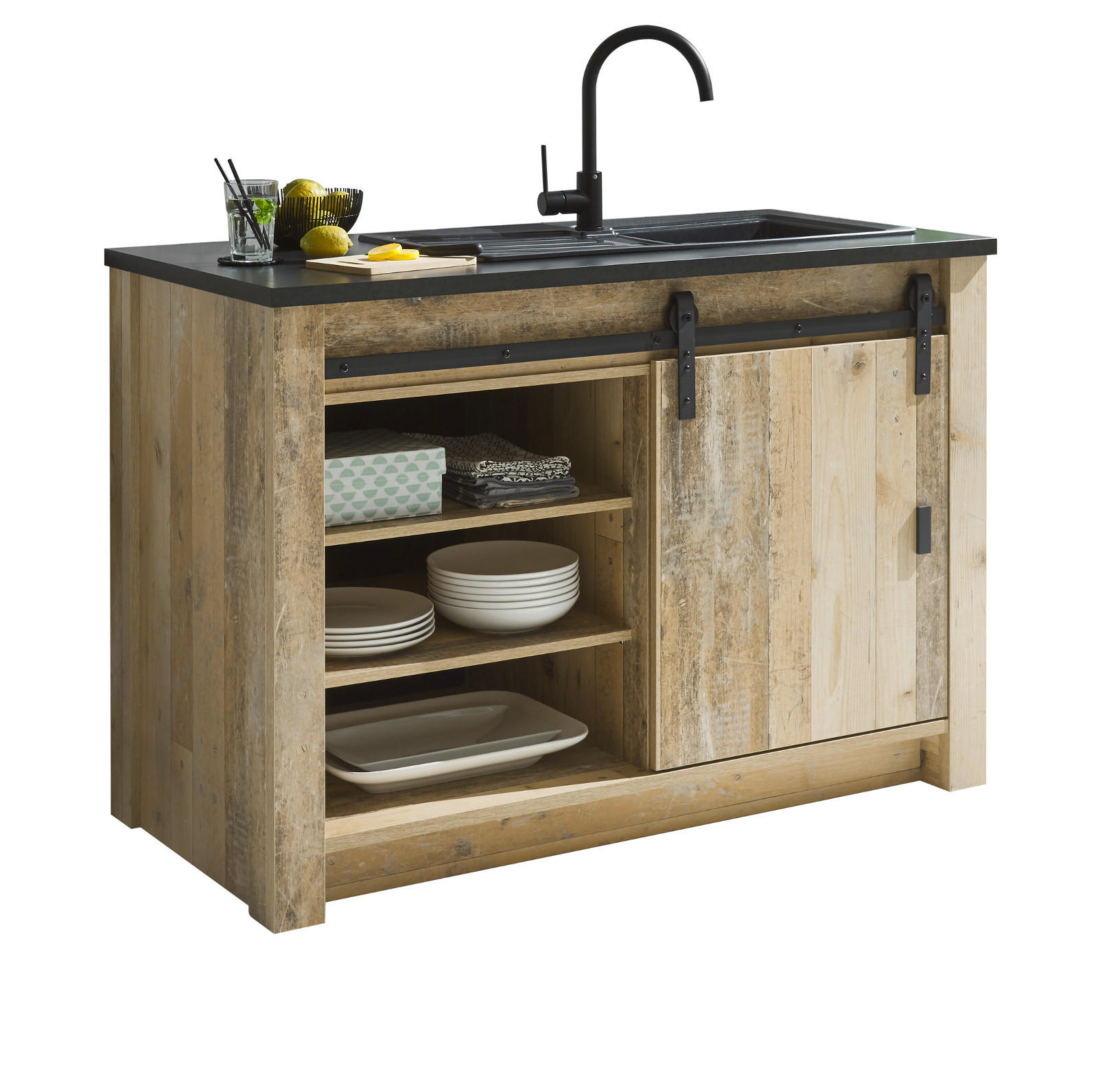 KÜCHENUNTERSCHRANK Used Wood hell, anthrazit 133 cm, Küchenschrank für Spüle oder Ceranfeld - Anthrazit/Schwarz, Holzwerkstoff/Metall (133/93/64cm) - Furn.Design