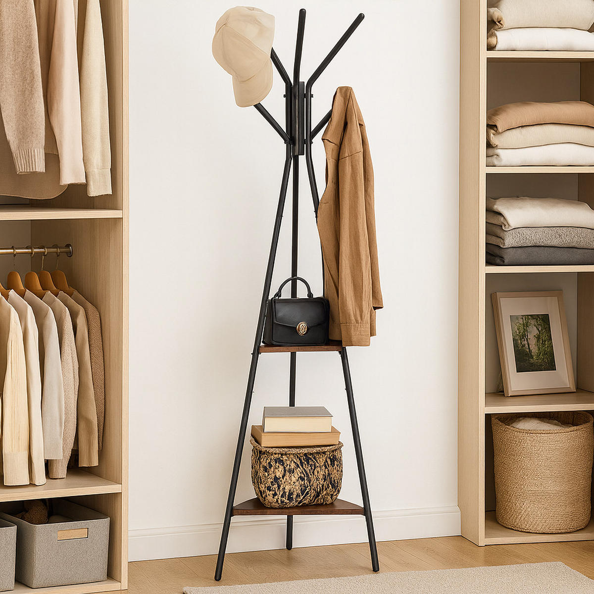 KLEIDERSTÄNDER Holzoptik Metall Dunkelbraun Schwarz mit Ablagen 179 × 49,5 cm - Dunkelbraun/Schwarz, Holzwerkstoff/Metall (49/179/49cm) - Begryf