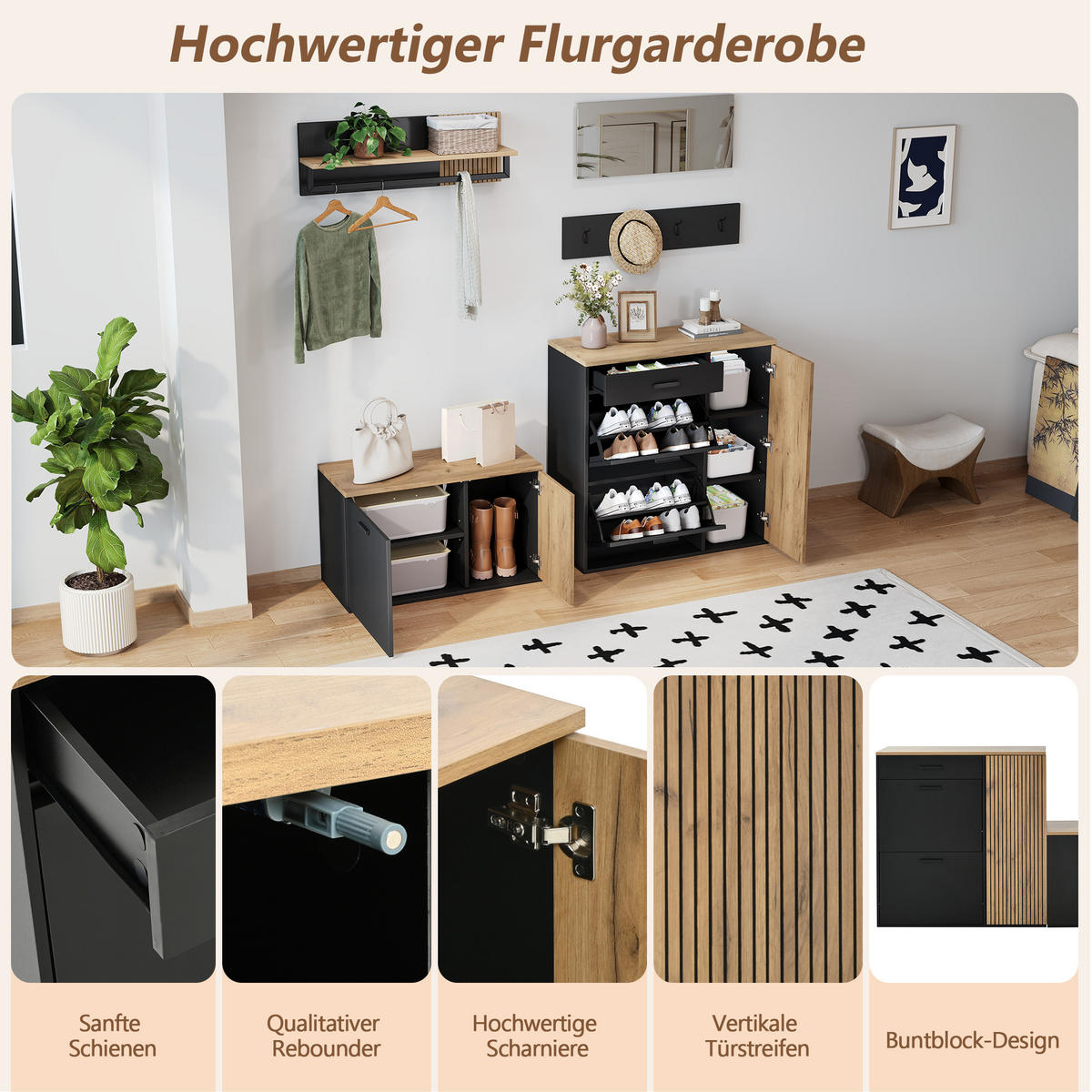 GARDEROBE-SET Spiegel Schuhschrank Schuhbank Kommode - Naturfarben, Holzwerkstoff (85/85/36cm) - FLIEKS
