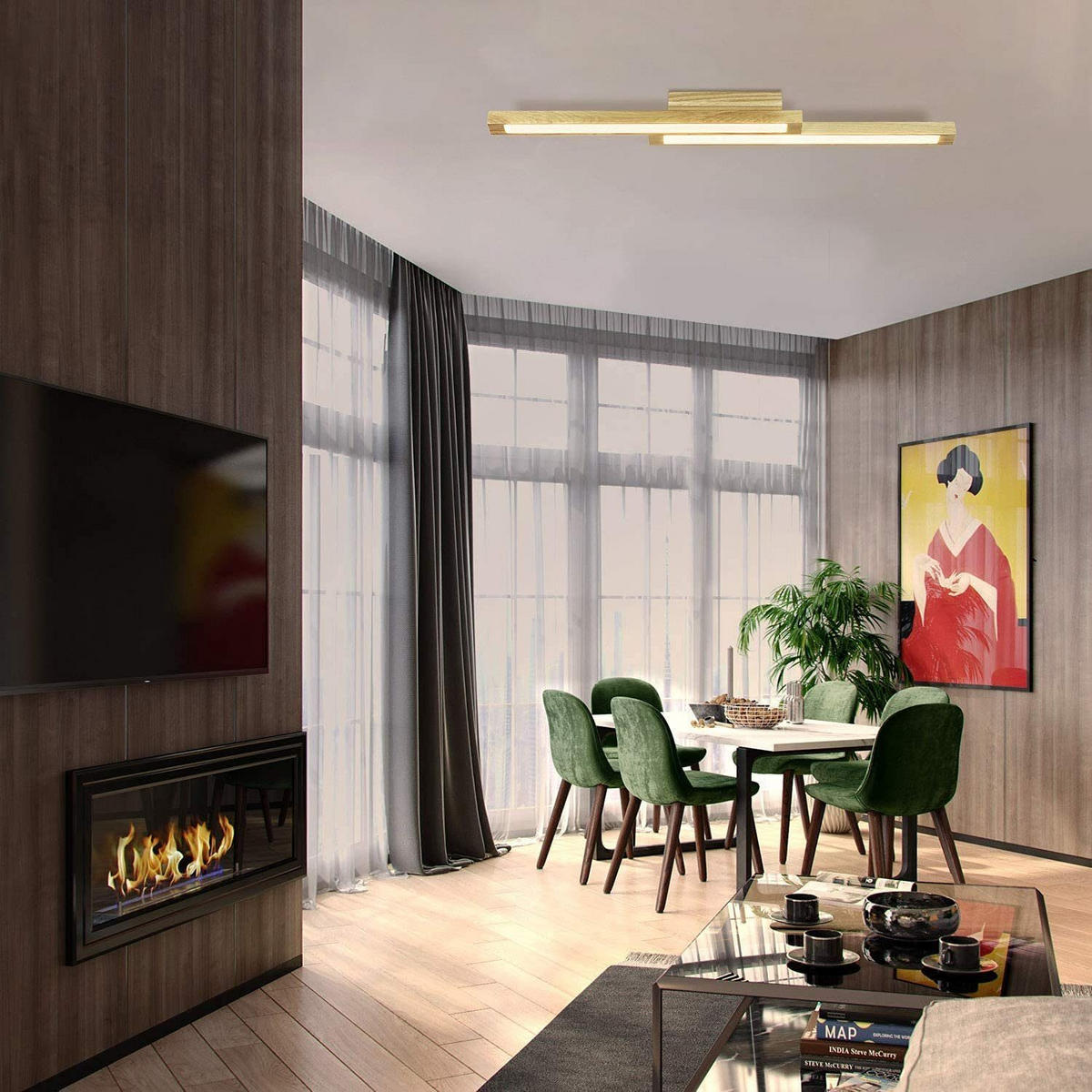 LED-DECKENLEUCHTE Yvonne 90/11/8 cm - Braun, Holzwerkstoff (90/11/8cm) - Nettlife