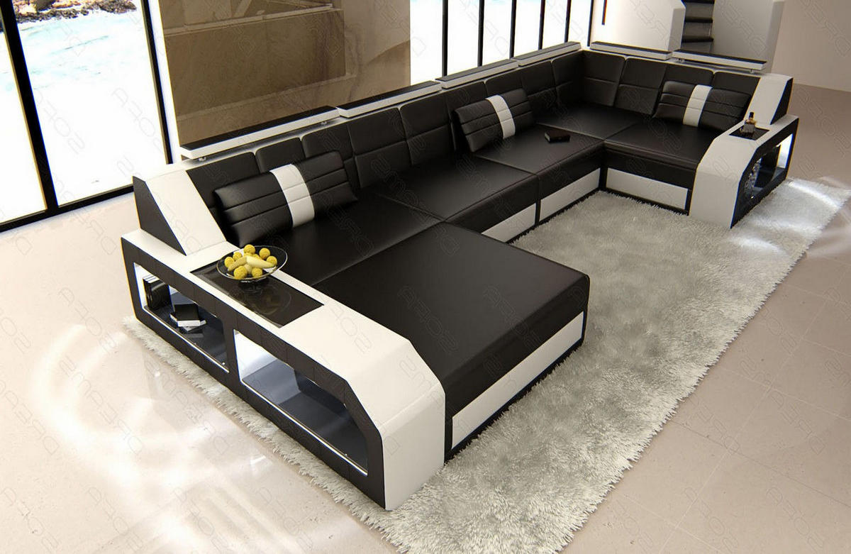 WOHNLANDSCHAFT Arezzo U - Schwarz/Weiß, Leder (380/86/197cm) - Sofa Dreams