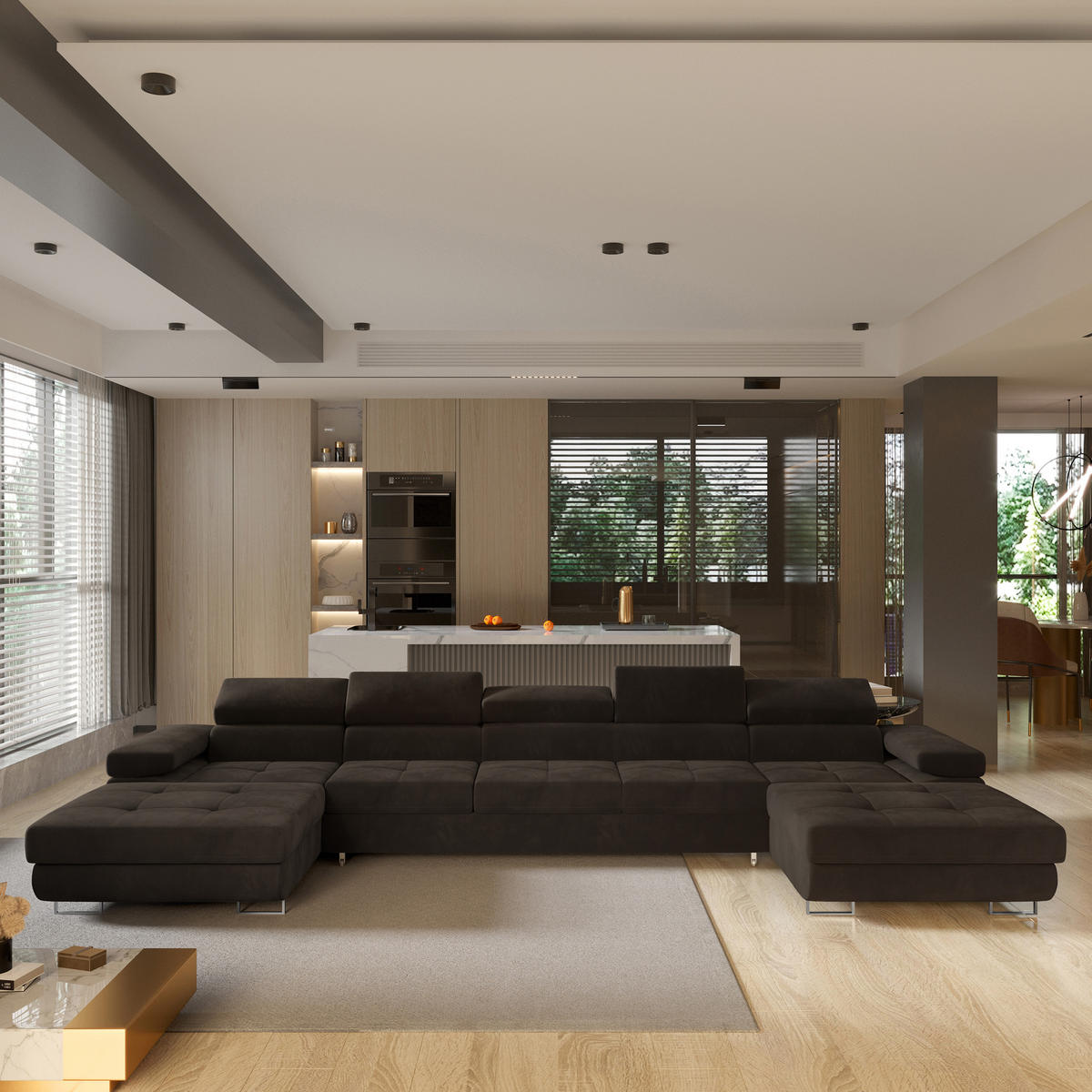 ROHOVÁ SEDAČKA OMBRA hnědá - stříbrná/hnědá, kov/dřevo (425/202cm) - MASSENO