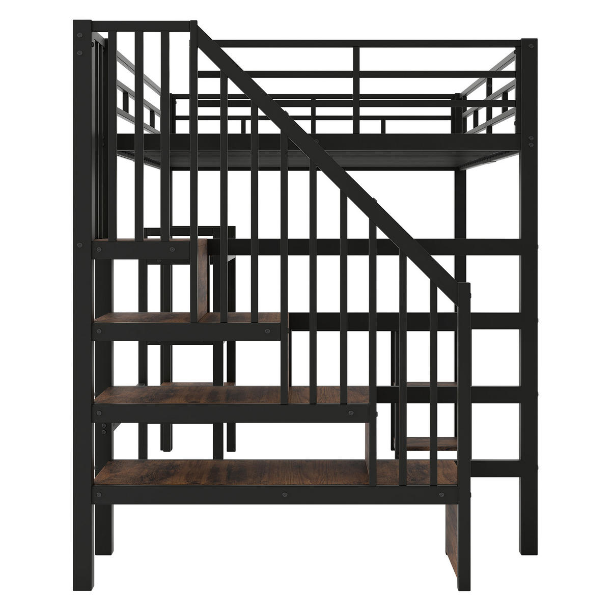 HOCHBETT 140/200 cm schwarz aus Metall und MDF mit Schreibtisch, Treppe und LED - Schwarz, Metall (140/200cm) - OKWISH