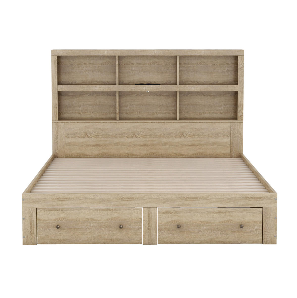 BETT 160/200 cm Natur aus Spanplatte mit Stauraum und USB-Ladefunktion - Naturfarben, Holzwerkstoff (160/200cm) - OKMYHOME