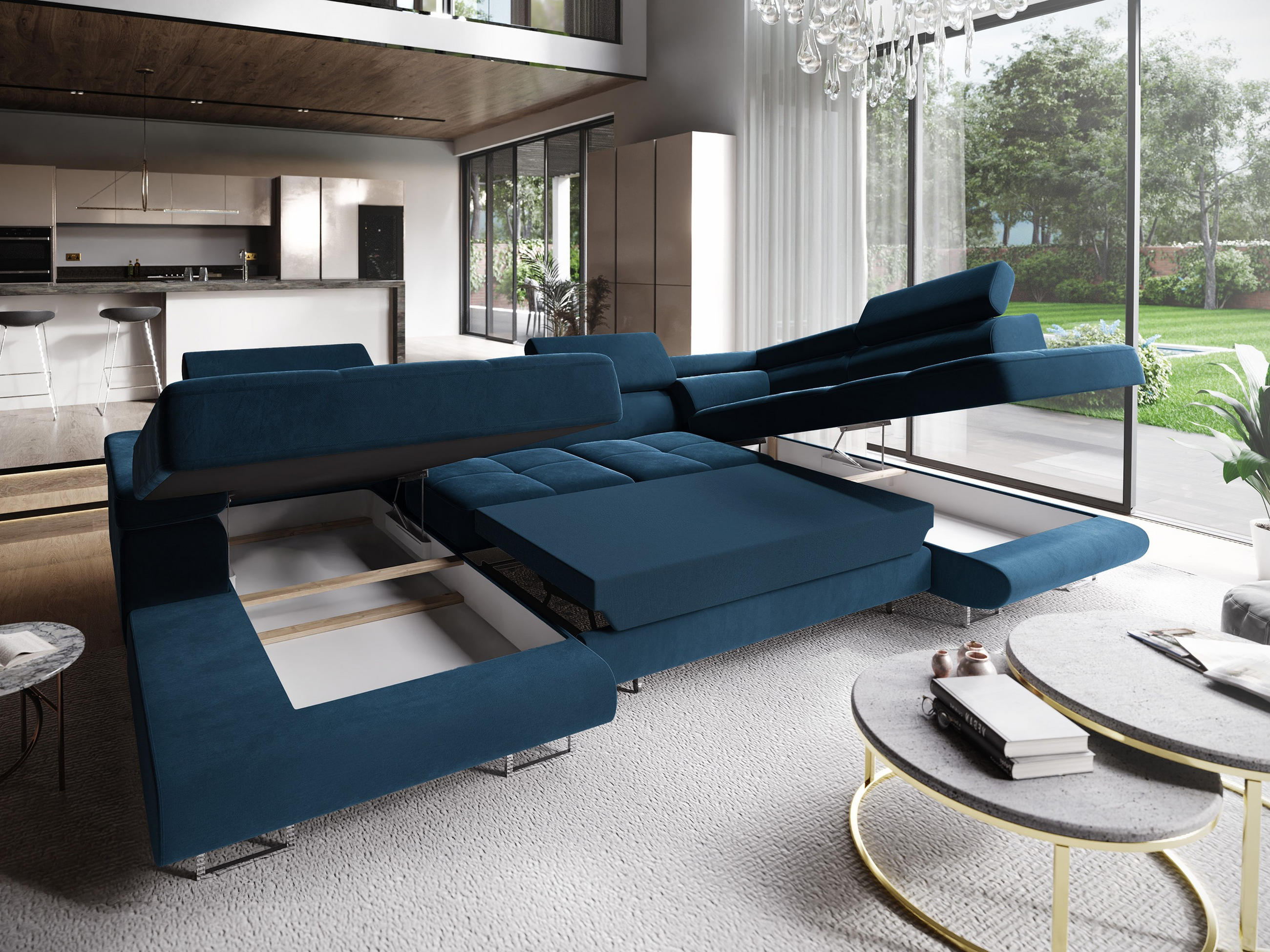 WOHNLANDSCHAFT CASONE R-S Blau Velours-Stoff mit Schlaffunktion - Blau, Holz (345/90/202cm) - MASSENO