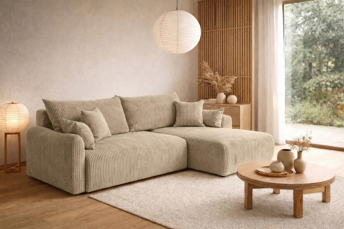 ECKSOFA Mit Schlaffunktion, Cordstoff Poso, Dunkelbeige, Rechts, JAPANDI - Beige, Holz (262/145cm) - Kaiser Möbel