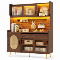 HIGHBOARD in Braun Küchenschrank mit LED-Lichtleiste und Schubladen für Küche und Wohnzimmer, B145/T39/H171 cm - Goldfarben/Braun, Glas/Holzwerkstoff (145/171/39cm) - STILVORA