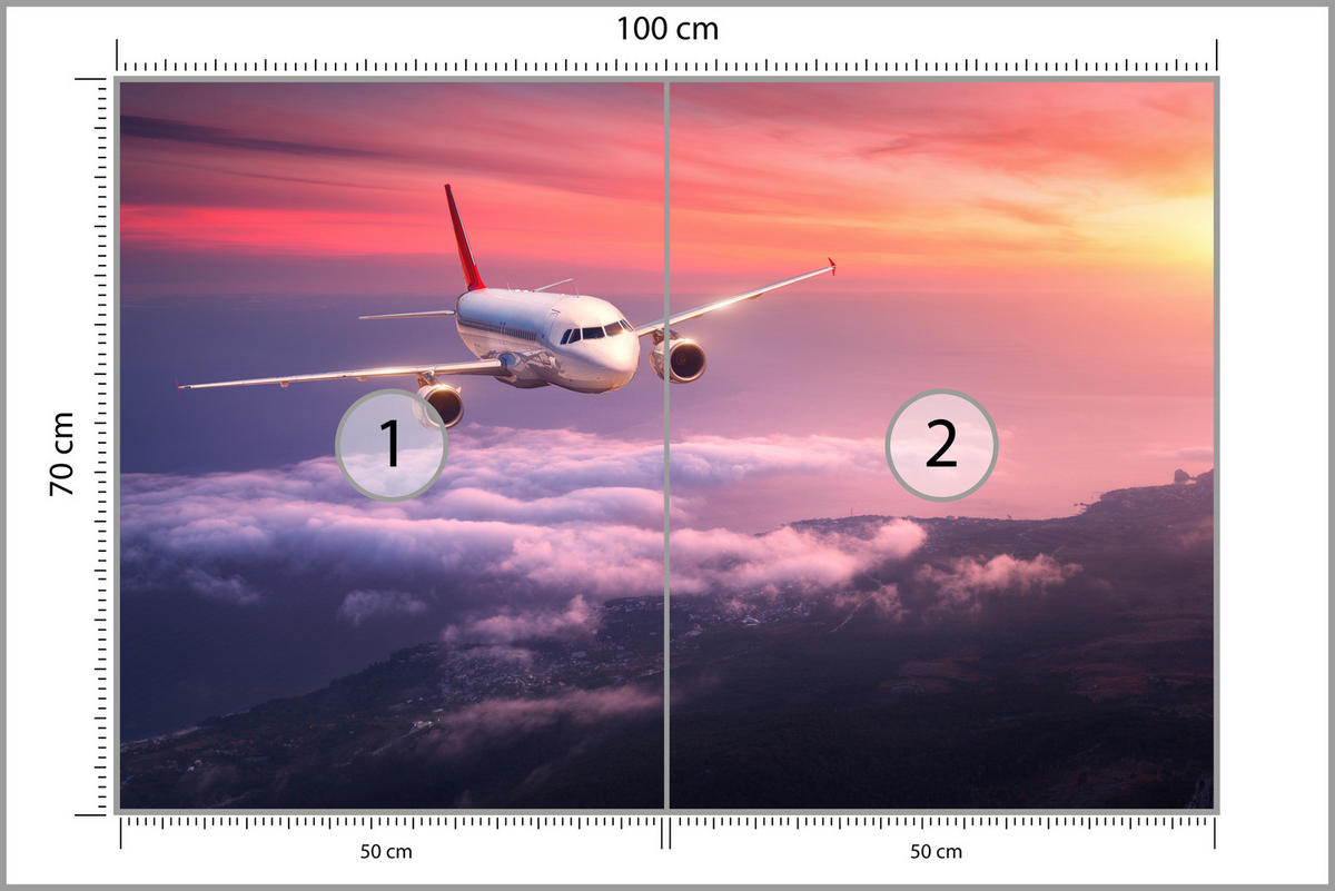 FOTOTAPETE für Wohnzimmer Flugzeug Sonnenuntergang Wolken Himmel 100x70 - Gelb/Rot, Papier (100/70cm) - Muralo