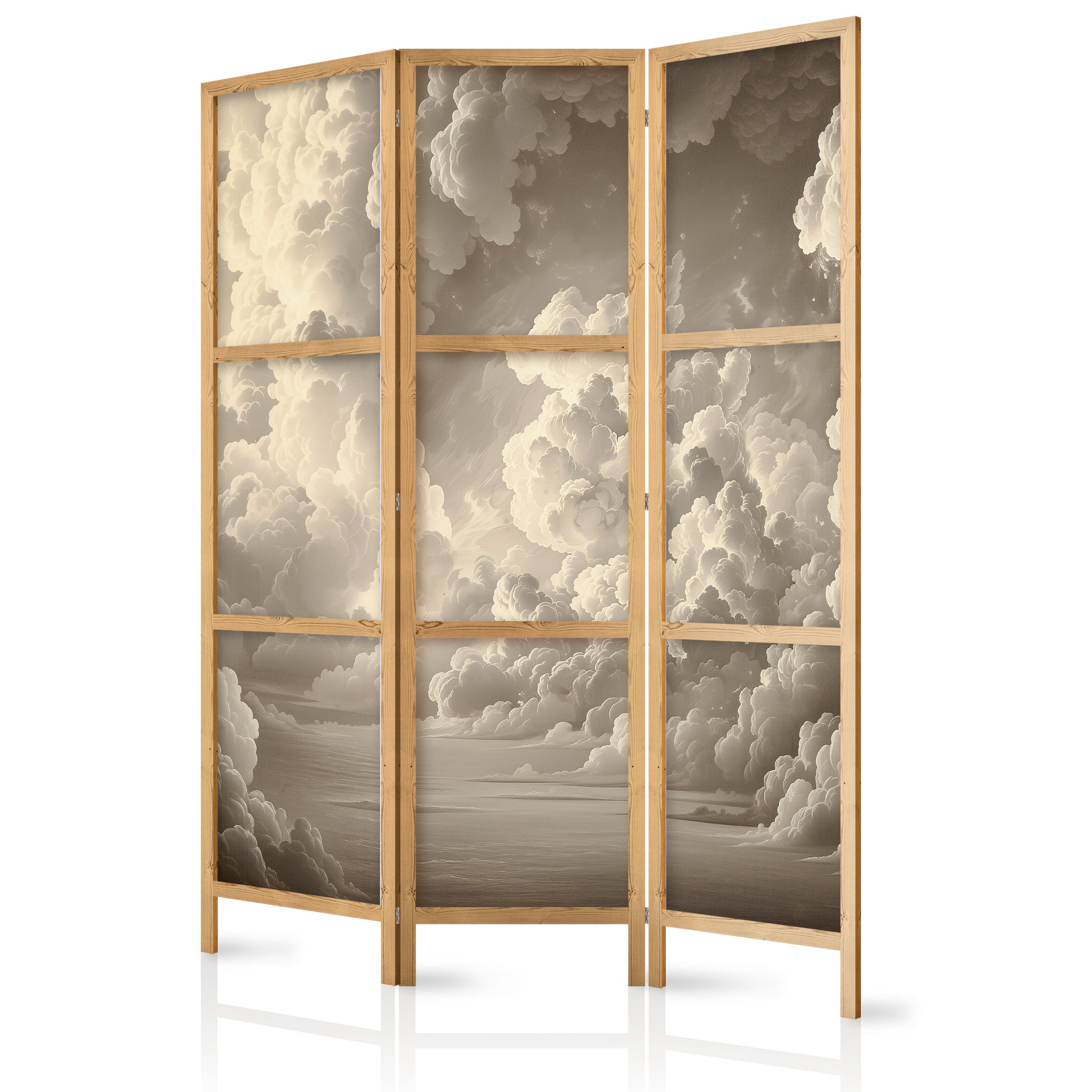 PARAVENT Japanischer 3-tlg 135x172 cm Wolken 3D Effekt - Beige, Holz/Textil (135/172/3cm) - Muralo