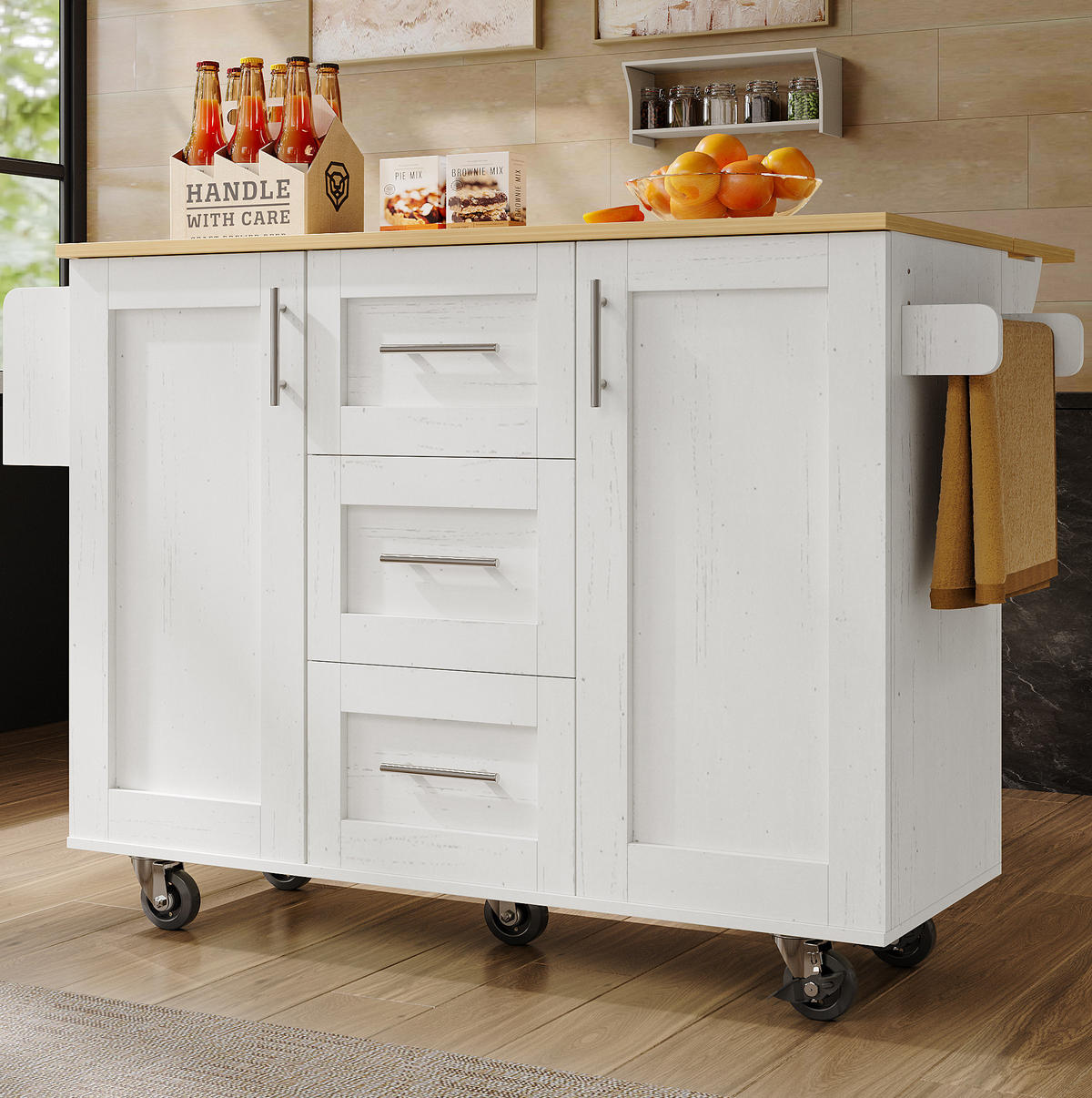 KÜCHENWAGEN 135x74x87.2cm Weiß mit Klappseiten, 3 Schubladen, Snackregal & 5 Rollen - Weiß, Holzwerkstoff (135/87.2/74cm) - Modfu