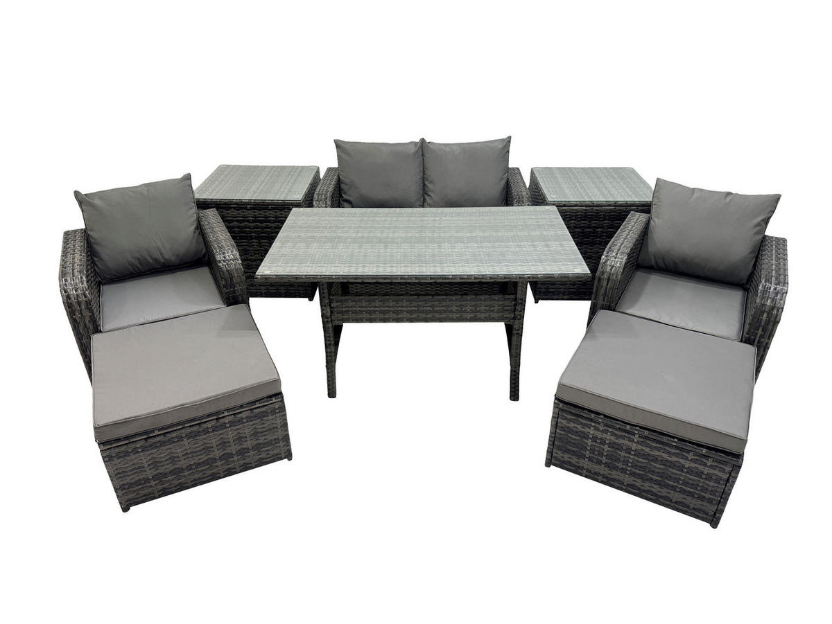 GARTENMÖBEL SET mit Hocker,Beistelltisch,Zweisitzer Polyrattan 6-Sitzer - Dunkelgrau/Grau, Glas/Kunststoff - Fimous