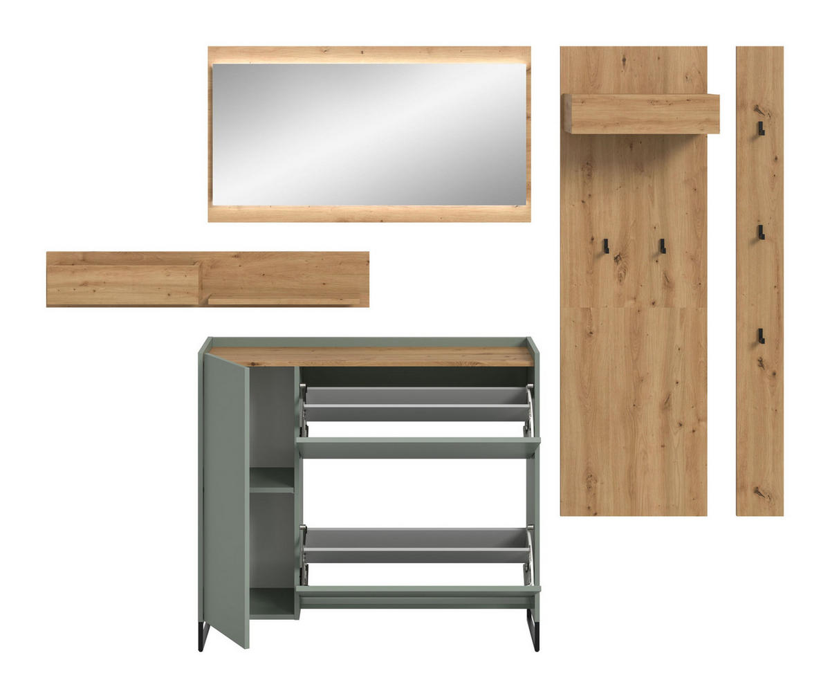 GARDEROBE Flow (B/H/T: ca. 236/192/32 cm) 5 tlg. in Salbei/Salbei - Salbeigrün, Holzwerkstoff (236/192/32cm) - Homes & Jones