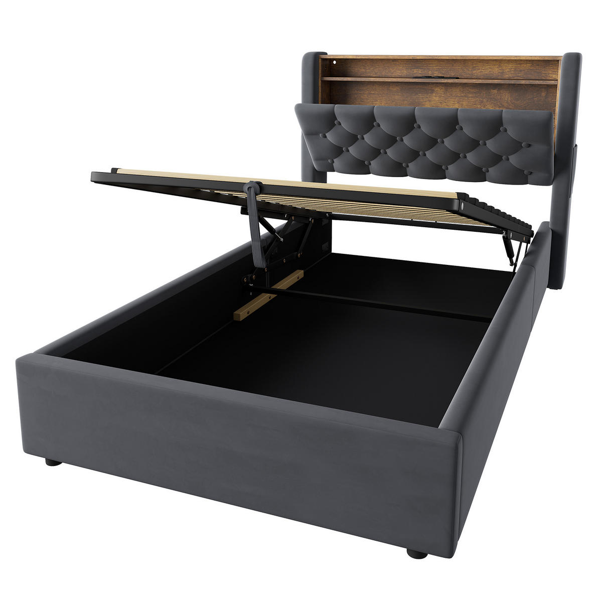 POLSTERBETT 90/190 cm in Dunkelgrau Samt mit Bettkasten, LED-Beleuchtung und USB-Anschluss - Dunkelgrau, Holzwerkstoff/Textil (90/190cm) - CHICFURN