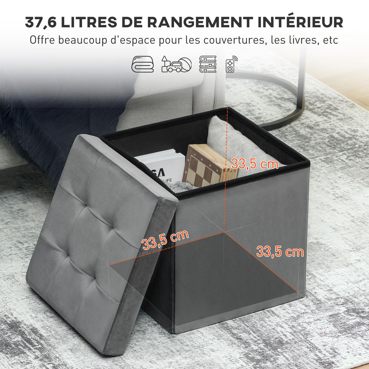 POUF DE-16422 klappbar mit Stauraum Grau - Grau, Textil (38/38/38cm) - ComfortXL