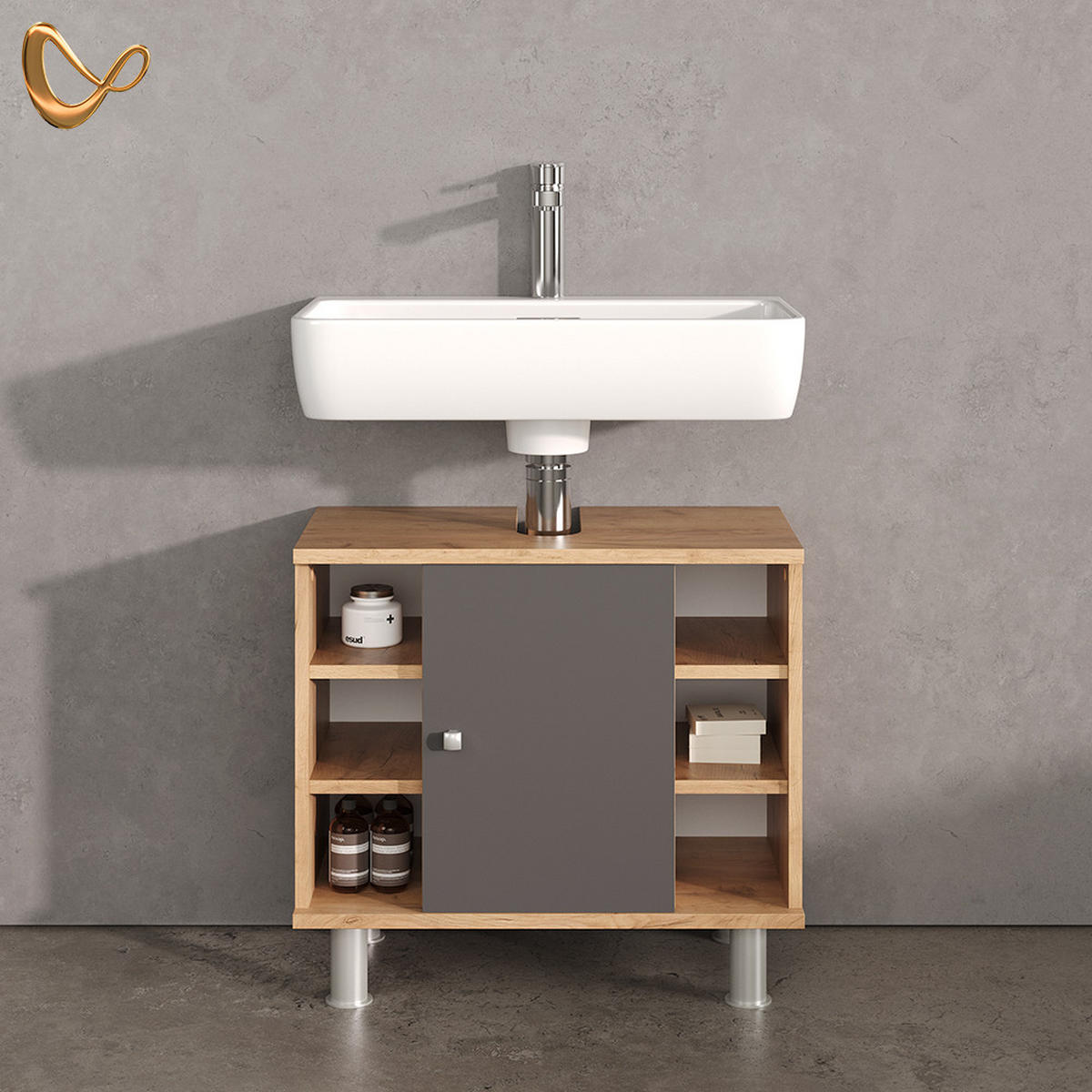 WASCHBECKENUNTERSCHRANK Fucino Anthrazit/Goldkraft Eiche 60 x 54 cm - Anthrazit/Eiche Wotan, Holzwerkstoff (60/54/32cm) - Livinity®
