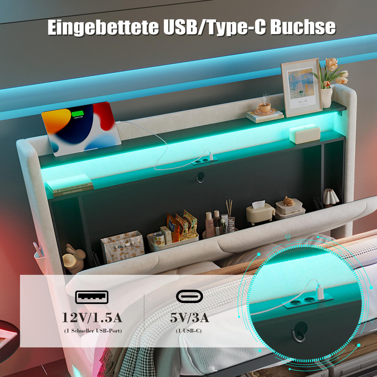 POLSTERBETT 140/200 cm in Beige Samt mit Bettkasten, LED, USB, Type-C und Regal - Beige, Holzwerkstoff/Textil (140/200cm) - WISHDOR