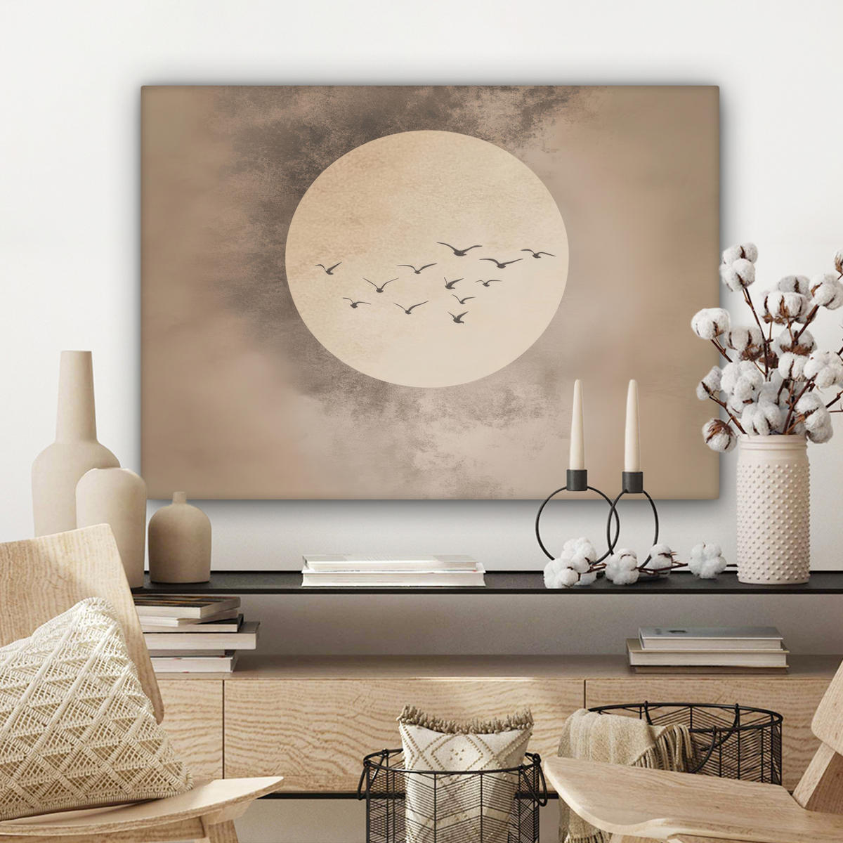 LEINWANDBILD Vogel - Beige - Japanisch Wandbilder 80x60 cm - Taupe, Textil (80/60cm) - MuchoWow