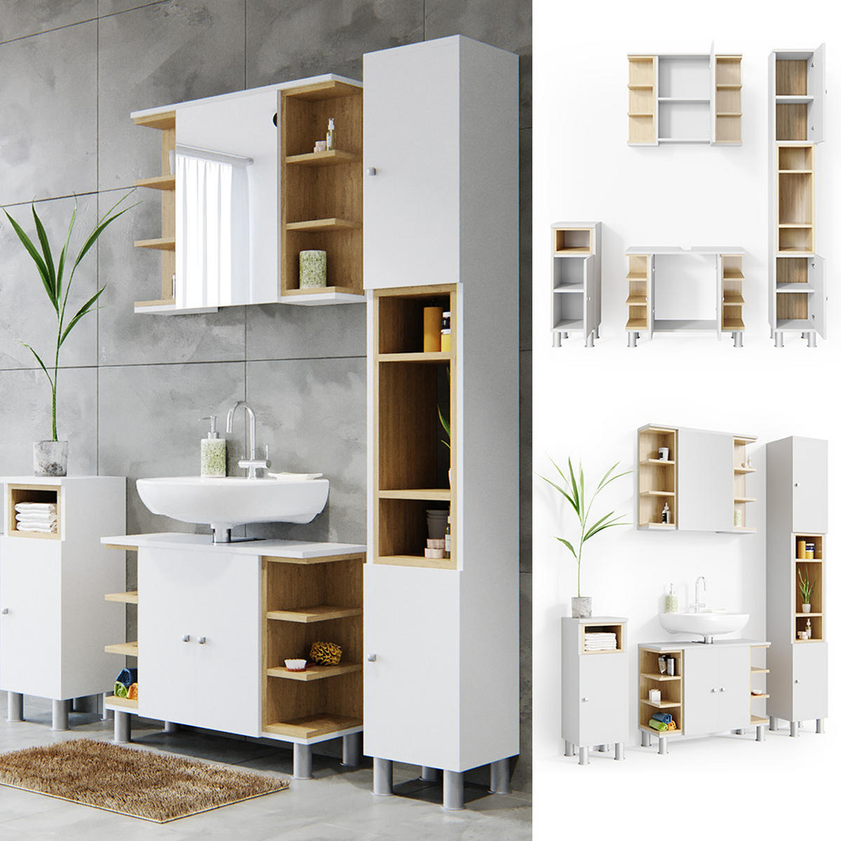 BADMÖBEL-SET Aquis Weiß/Sonoma 4 Teile - Weiß, Holzwerkstoff (79.6/64/32cm) - Vicco