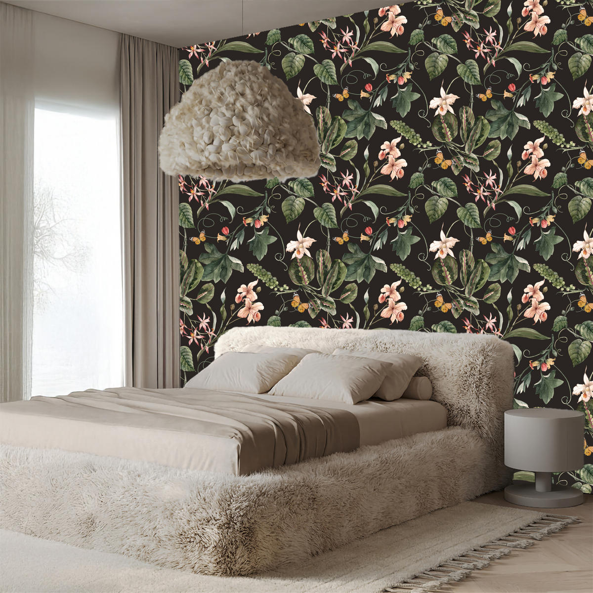VLIESTAPETE Exotische Blüten und Pflanzen – Rosa, Grün, Schwarz – 50x1000 cm - Schwarz/Rosa, Papier (50/1000cm) - Muralo