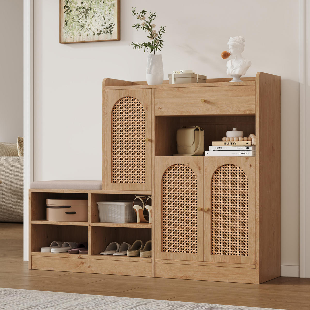 SCHUHSCHRANK aus Spanplatte 142x35x110cm in Natural mit Sitzbank - Naturfarben, Holzwerkstoff (142/110/35cm) - Modfu