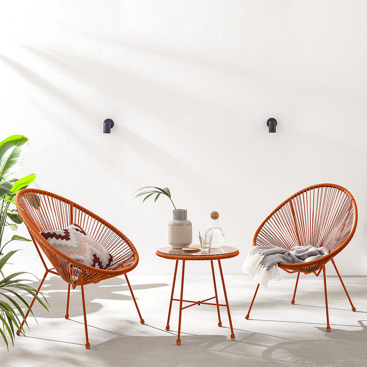 SITZGRUPPE - Stahl / Polyrattan - 3-teilig - Terracotta, Naturmaterialien/Glas - home24