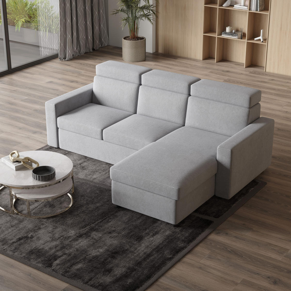 ECKSOFA PADWA Hellgrau Kordstoff mit Schlaffunktion - Hellgrau, Holz (227/168cm) - MASSENO