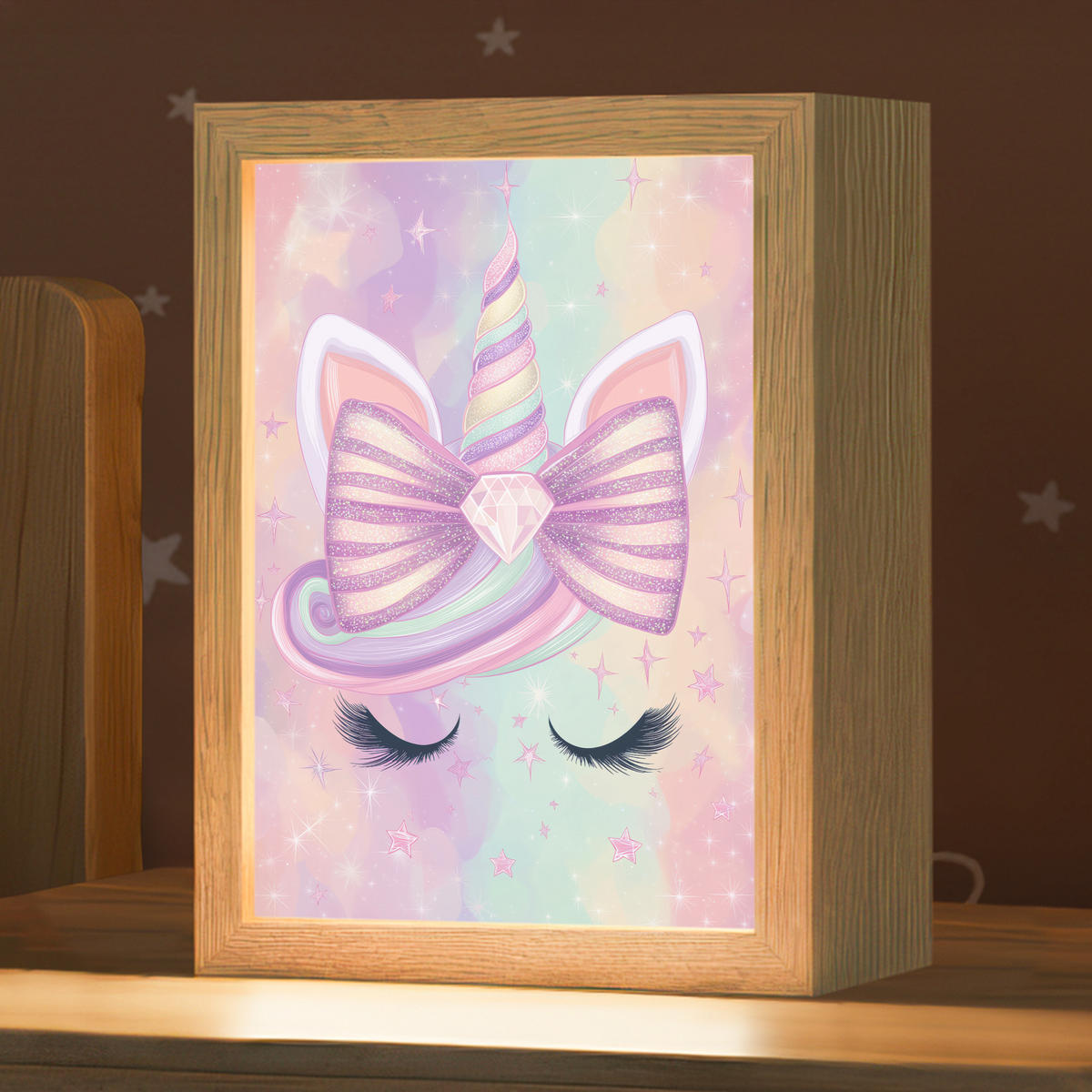 NACHTTISCHLAMPE Einhorn - Glitzer - Regenbogen - Pastell 15x20 cm - Hellrosa, Holzwerkstoff (8/15/20cm)