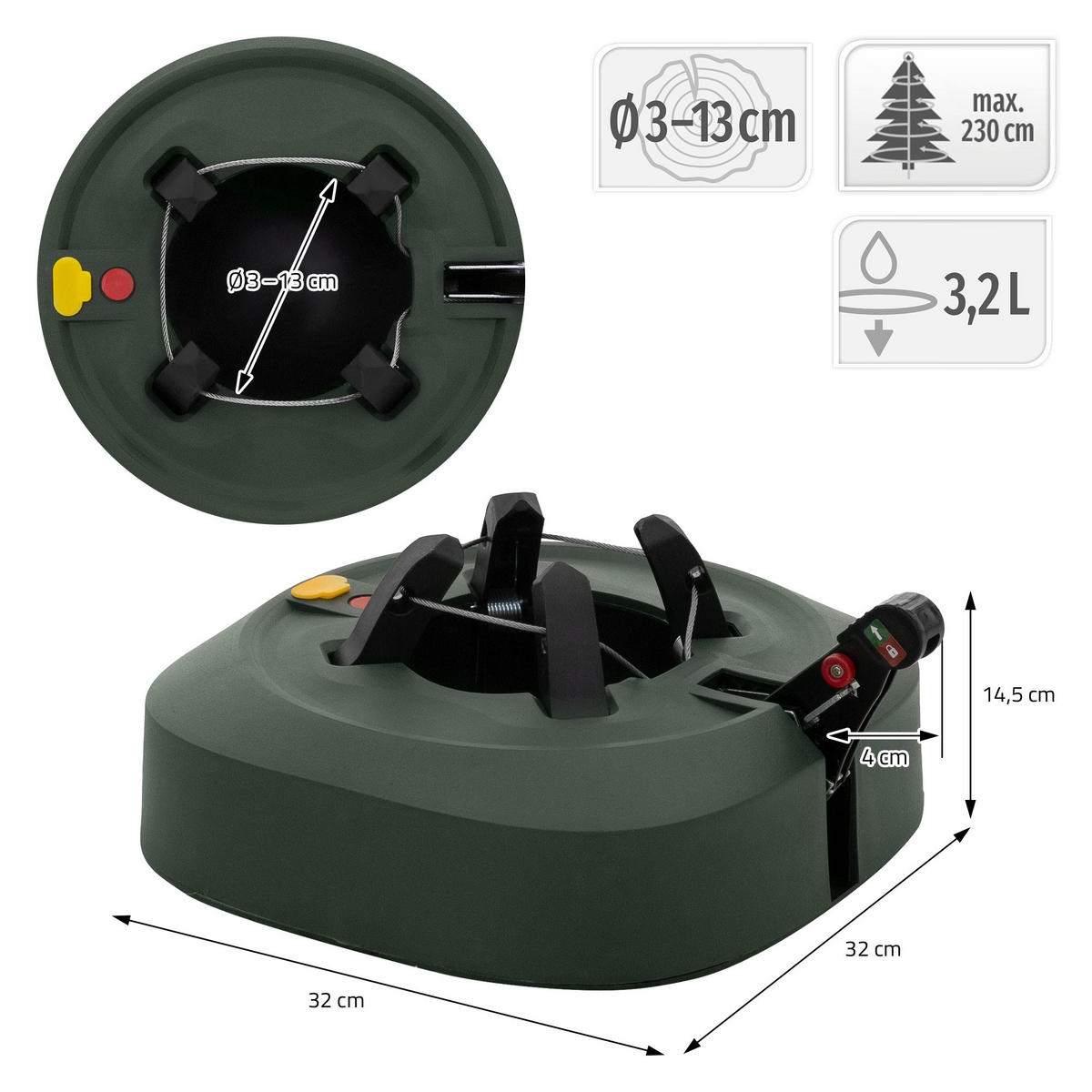 STOJAN NA VÁNOČNÍ STROMČEK s nádržkou na vodu, nožním pedálem a lanovým upevněním – zelený, 32 cm, pro stromky do výšky 230 cm - zelená barva, plast (36/14.5/32cm) - ECD-Germany