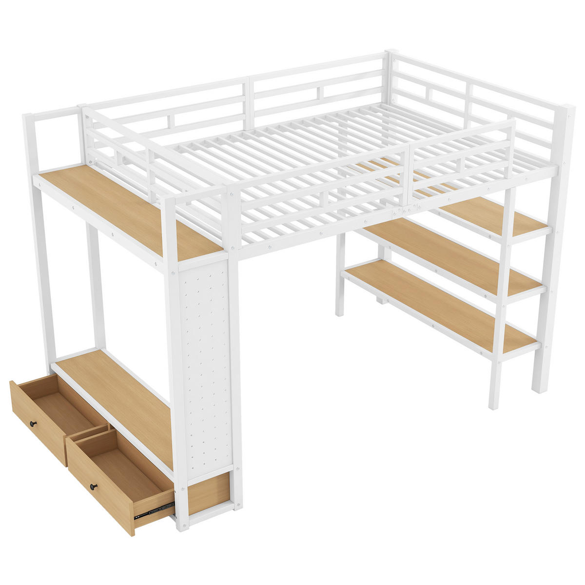 HOCHBETT 140/200 cm in Weiß mit Kleiderschrank, 2 Schubladen und LED - Weiß, Holzwerkstoff/Metall (140/200cm) - STILVORA