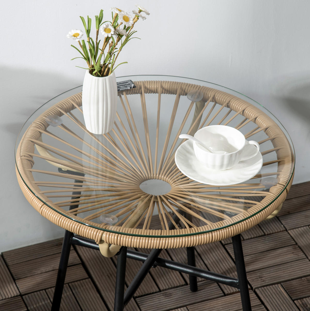 BEISTELLTISCH 50/50/50 cm mit gehärteter Glasplatte und PE-Rattan-Geflecht im Boho-Stil, Beige - Beige, Glas (50/50/50cm) - Redom