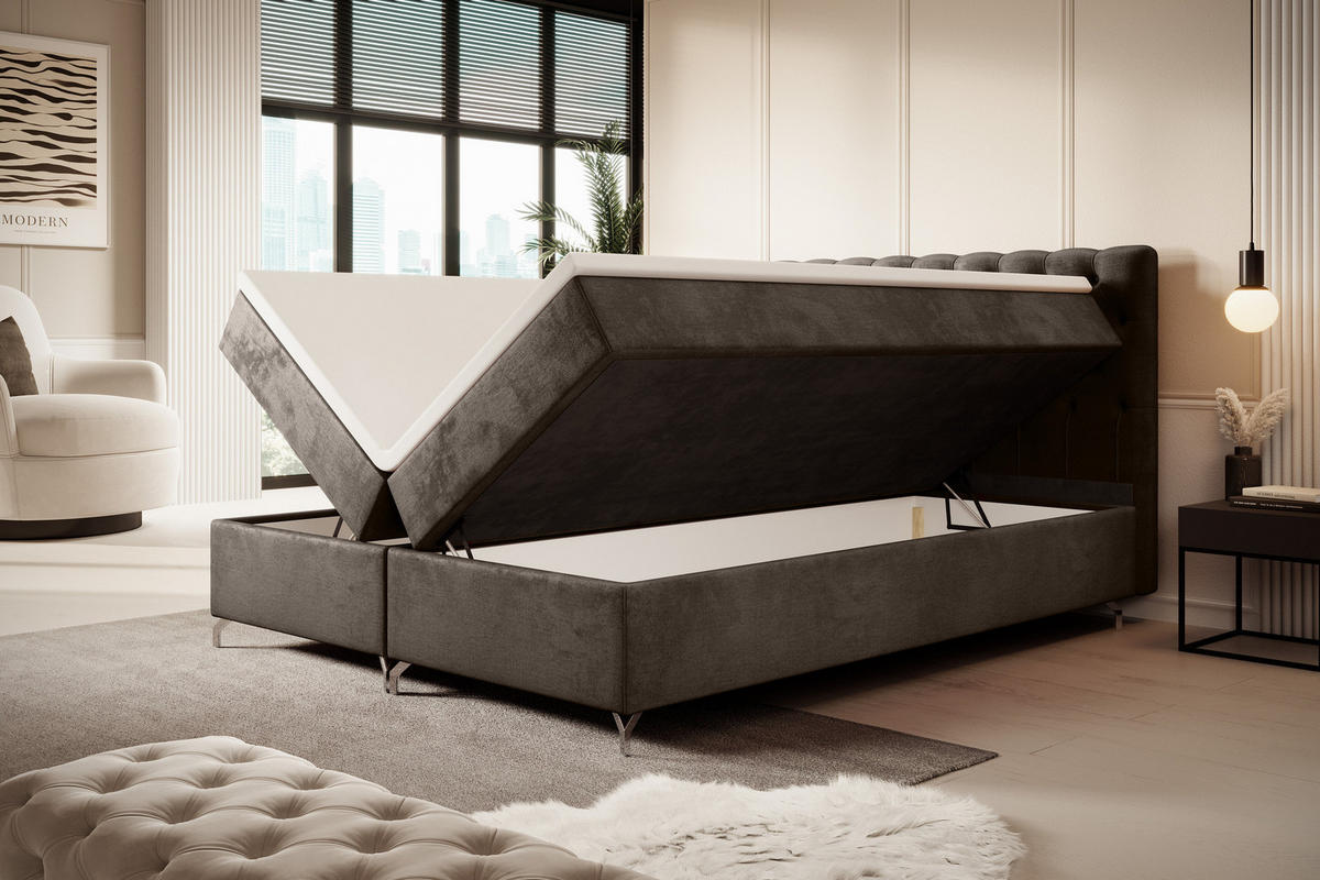 BOXBETT CHESTER 160x200, mit Matratze H3 und Topper, Monolith 15 - Braun, Holz/Textil (140/200cm) - Bedante