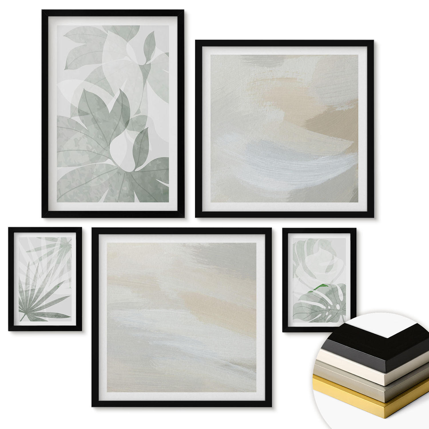WANDBILDER 5er-Set - 50x50 cm & 20x30 cm & 40x60 cm Schwarzer Rahmen - Die Blätter der Pflanzen sind grünlich-grau. - Schwarz, Kunststoff (40/60cm) - ArtPrintCave