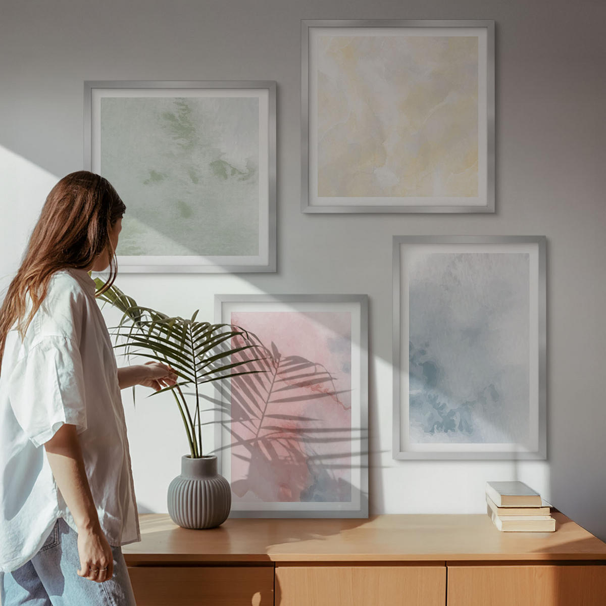 WANDBILDER 4er Set - 50x50 cm & 40x60 cm Silberner Rahmen - Aquarellfarben in Pastellfarben - Silberfarben, Kunststoff (50/50cm) - ArtPrintCave