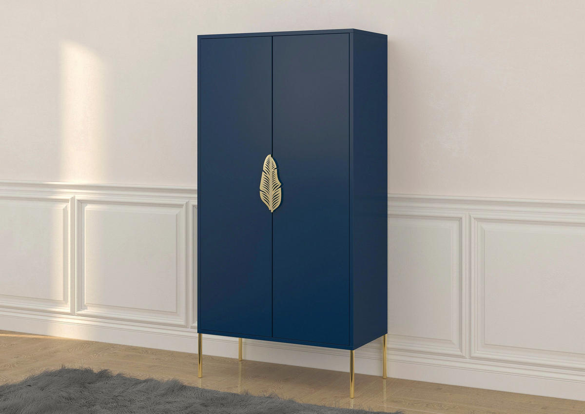 HIGHBOARD Merlin, Marinblau, Goldene Details - Goldfarben/Dunkelblau, Holzwerkstoff/Metall (80/160/40cm) - Skandica