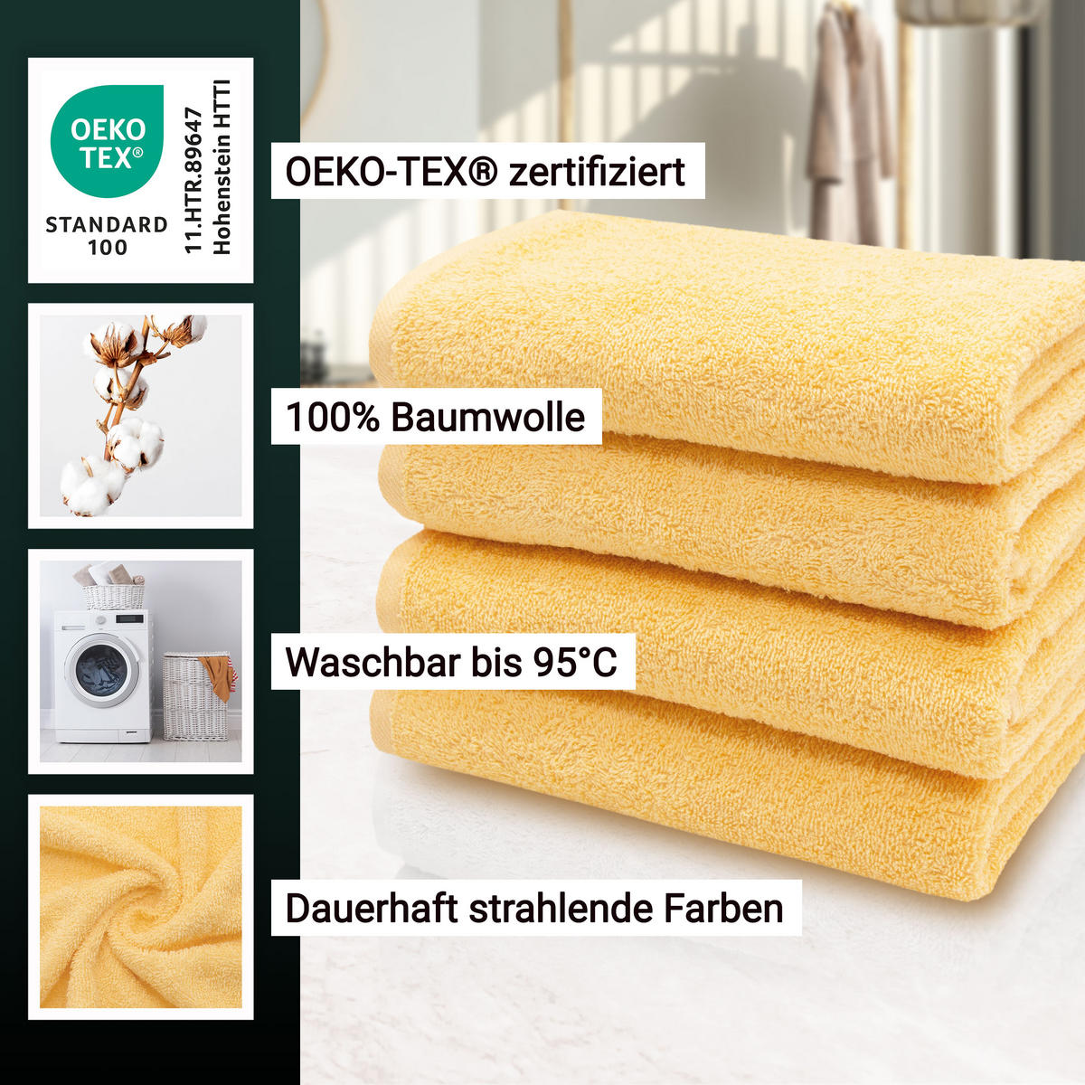 HANDTÜCHER, 4er-Set, 50x100 cm, 100% Baumwolle, Gelb - Gelb, Textil (50/100cm) - Zollner