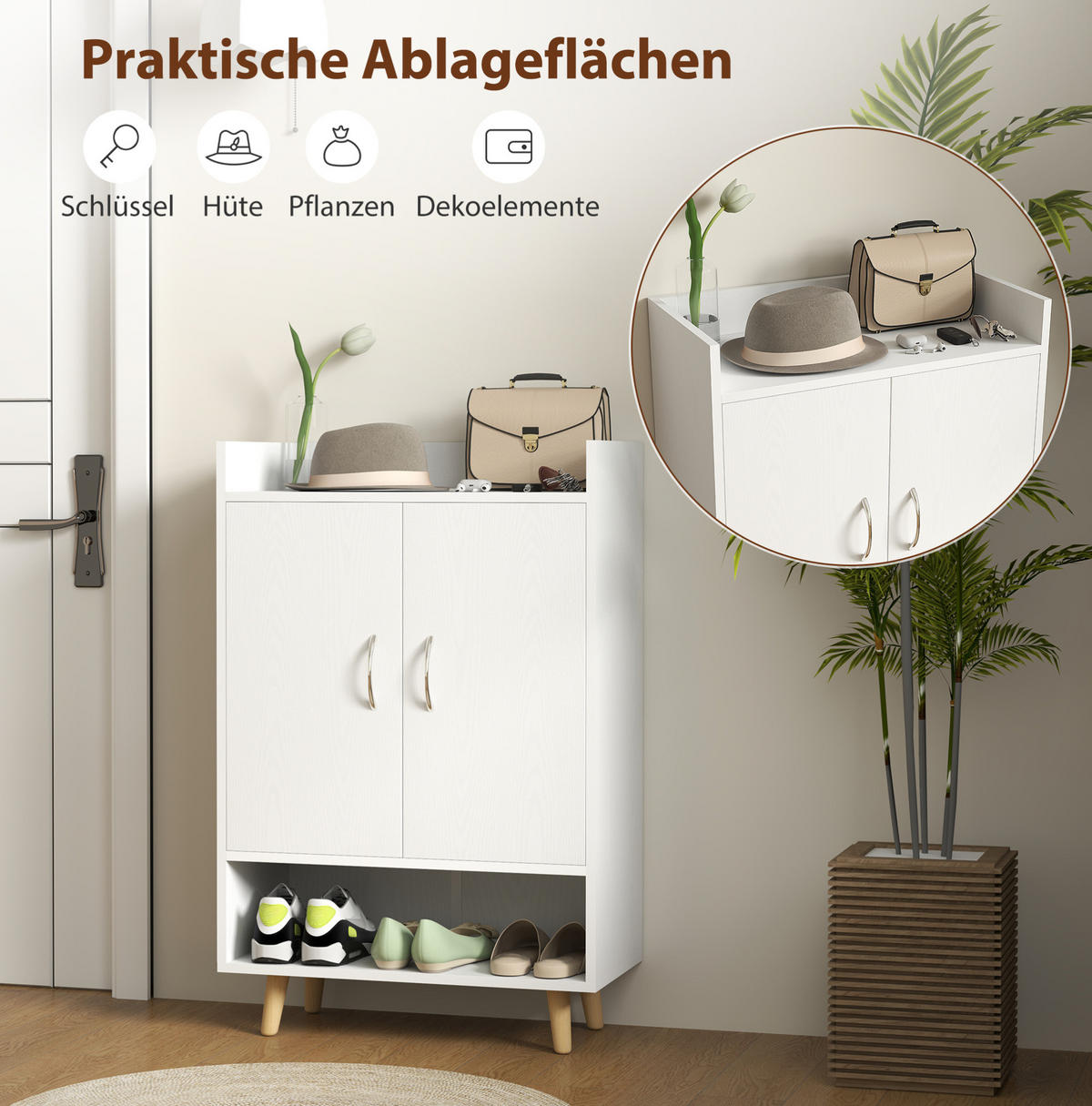 SCHUHSCHRANK 60/30/92 cm in Weiß mit Türen und 3 Innenböden - Weiß, Holz (60/92/30cm) - BEAOK