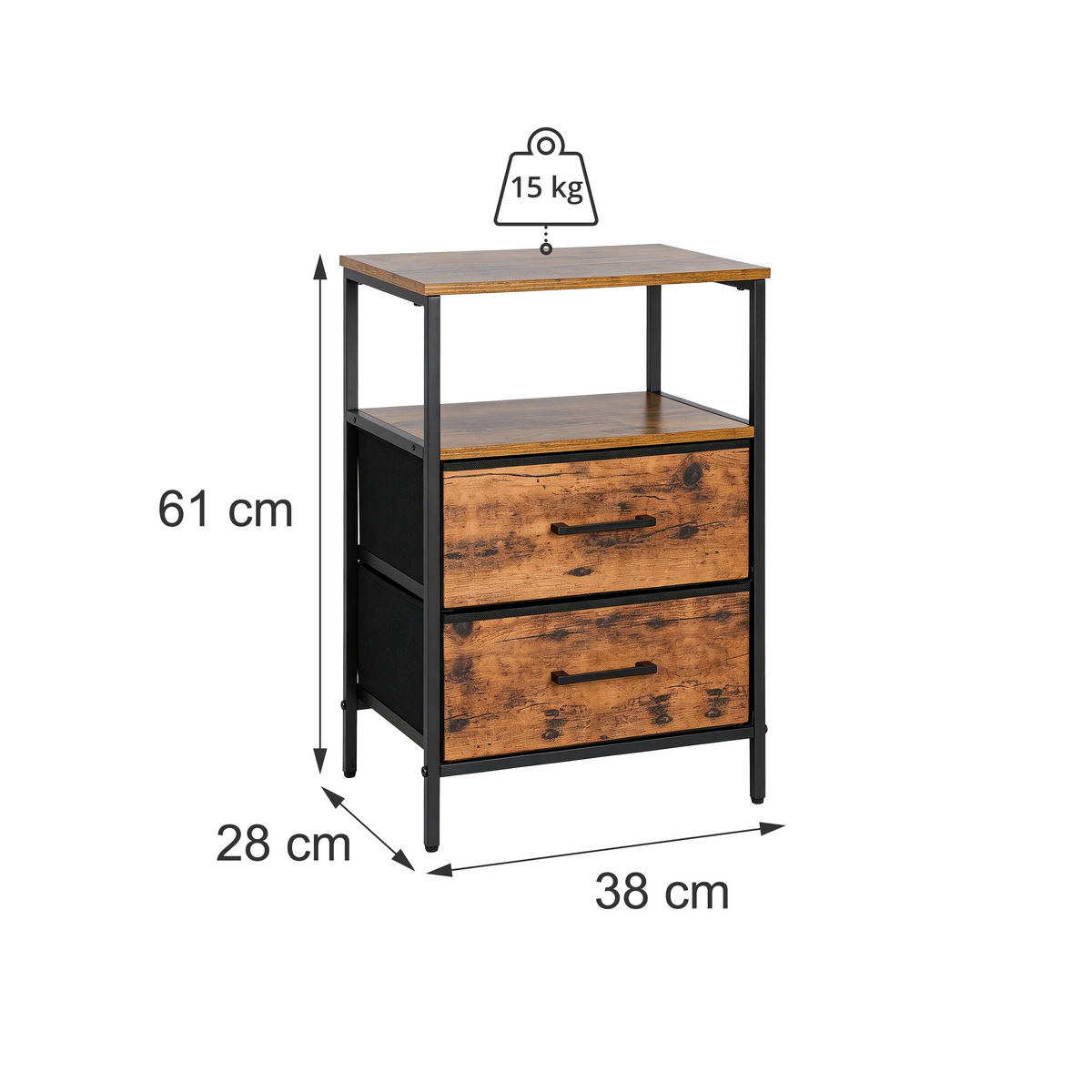 NACHTTISCH Schwarz Industrial 2er-Set - Braun, Holzwerkstoff/Textil (38/61/28cm) - Relaxdays