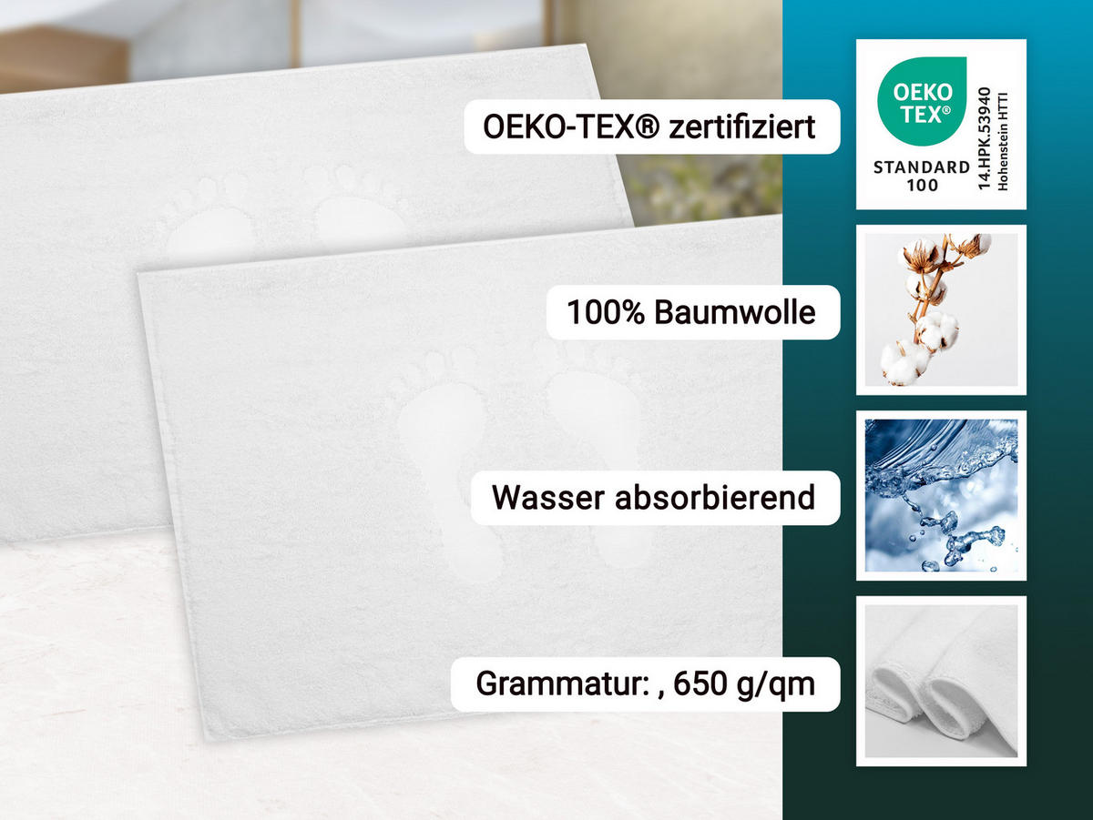 BADEMATTE, 2er-Set, 50x70 cm, 100% Baumwolle, Weiß - Weiß, Textil (50/70cm) - Zollner