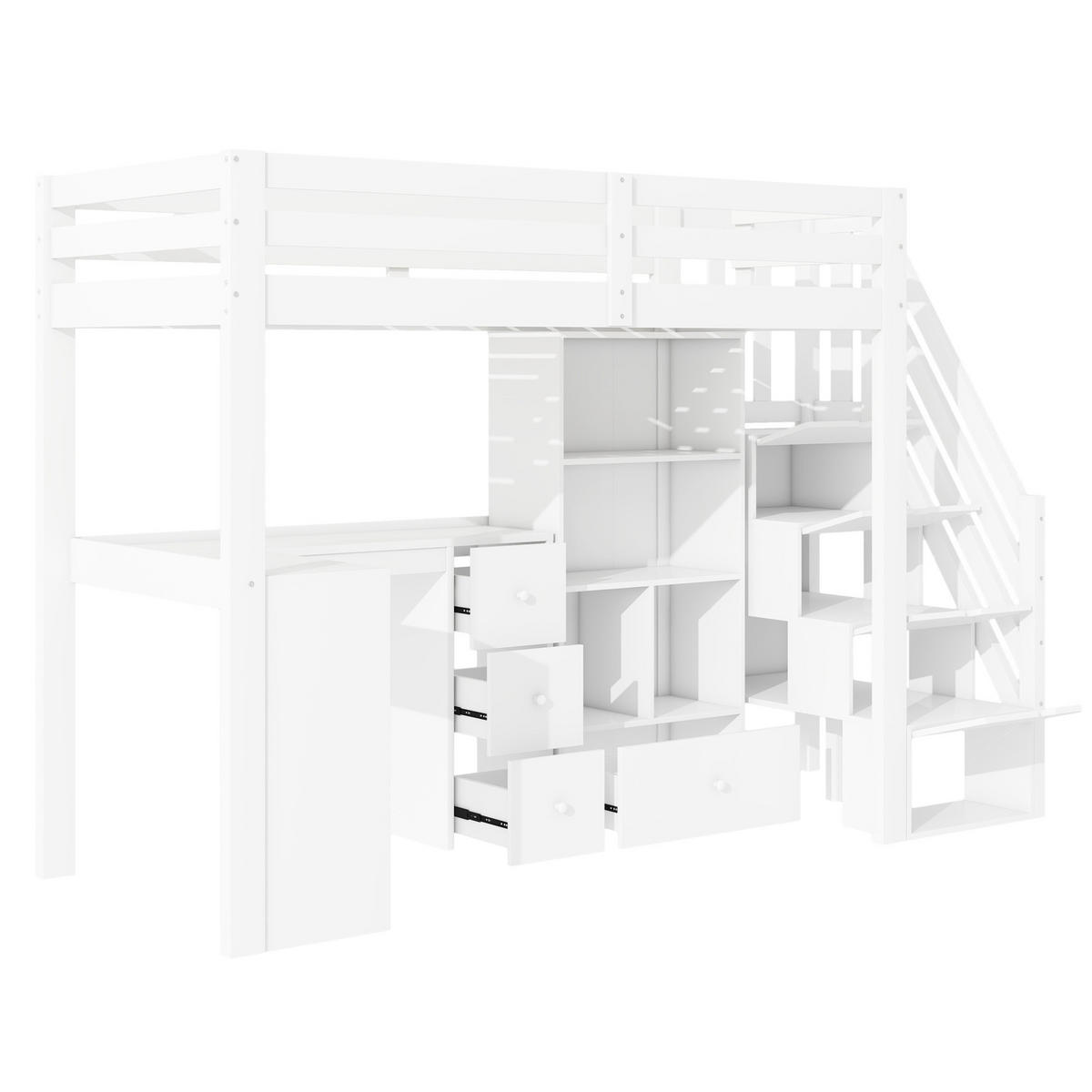 HOCHBETT 90/200 cm mit Schreibtisch, Schubladen, Regalen und Stauraumleiter aus Kiefer , Weiß - Weiß, Holzwerkstoff (90/200cm) - Redom