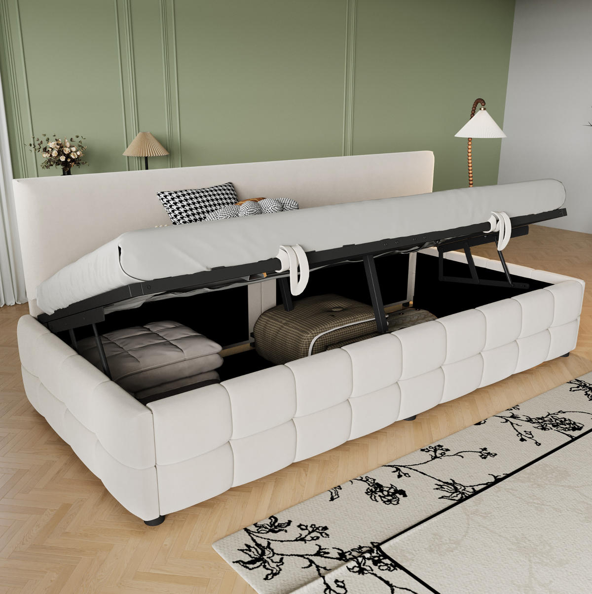 POLSTERBETT Schlafsofa 90x200 cm Beige aus Samt mit hydraulischem Stauraum und Rückenlehne - Beige, Textil (90/200cm) - IVMEU