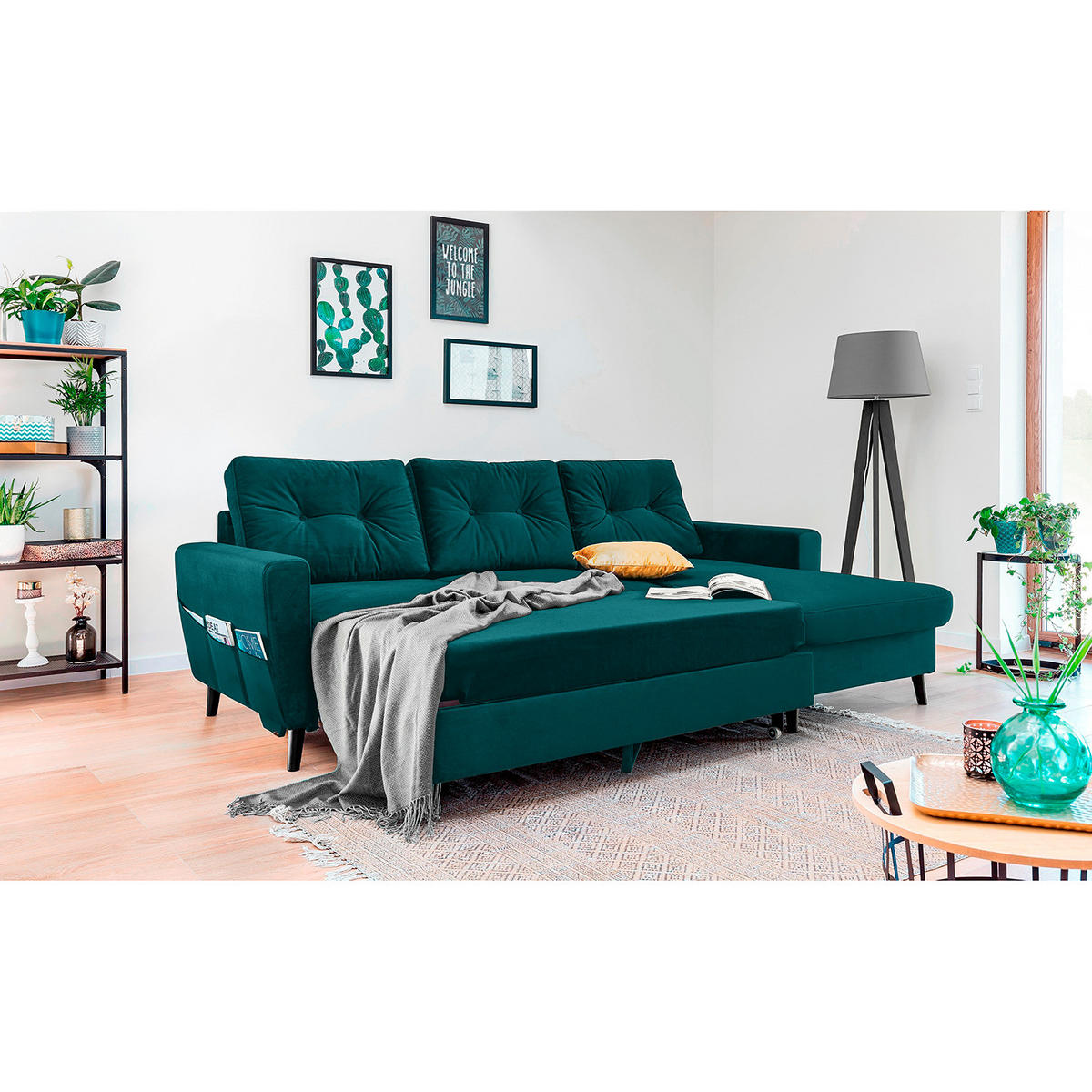 ECKSOFA mit Longchair - Petrol/Schwarz, Buchenholz/Textil (233/148cm) - home24