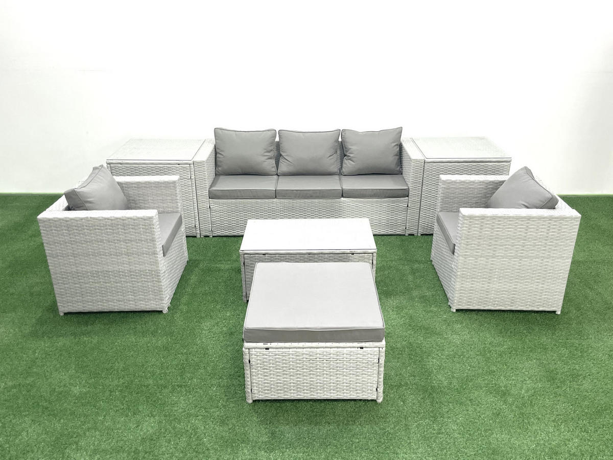 GARTENMÖBELSET mit 3-SITZER SOFA,COUCHTISCH Polyrattan Hellgrau-Mix 6-Sitzer - Hellgrau/Grau, Glas/Kunststoff - Fimous